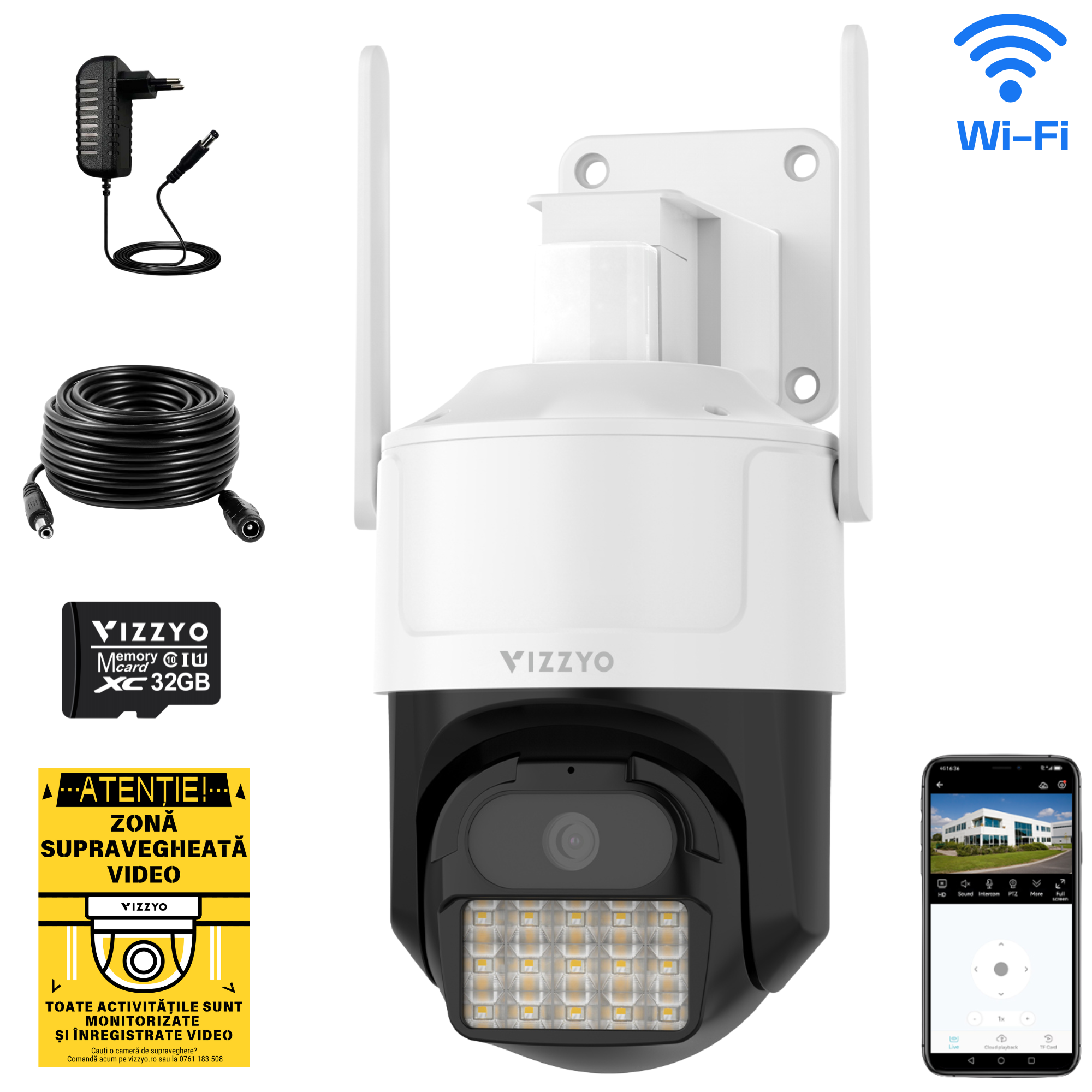 Cameră Supraveghere WiFi Dual-Band Vizzyo Alpha 4K, 8MP Ultra HD, Zoom 5X, Viziune Nocturnă Starlight, Sirenă Luminoasă LED, Detecție Mișcare, H.265, Audio Bidirecțional, IP66, SD 256GB
