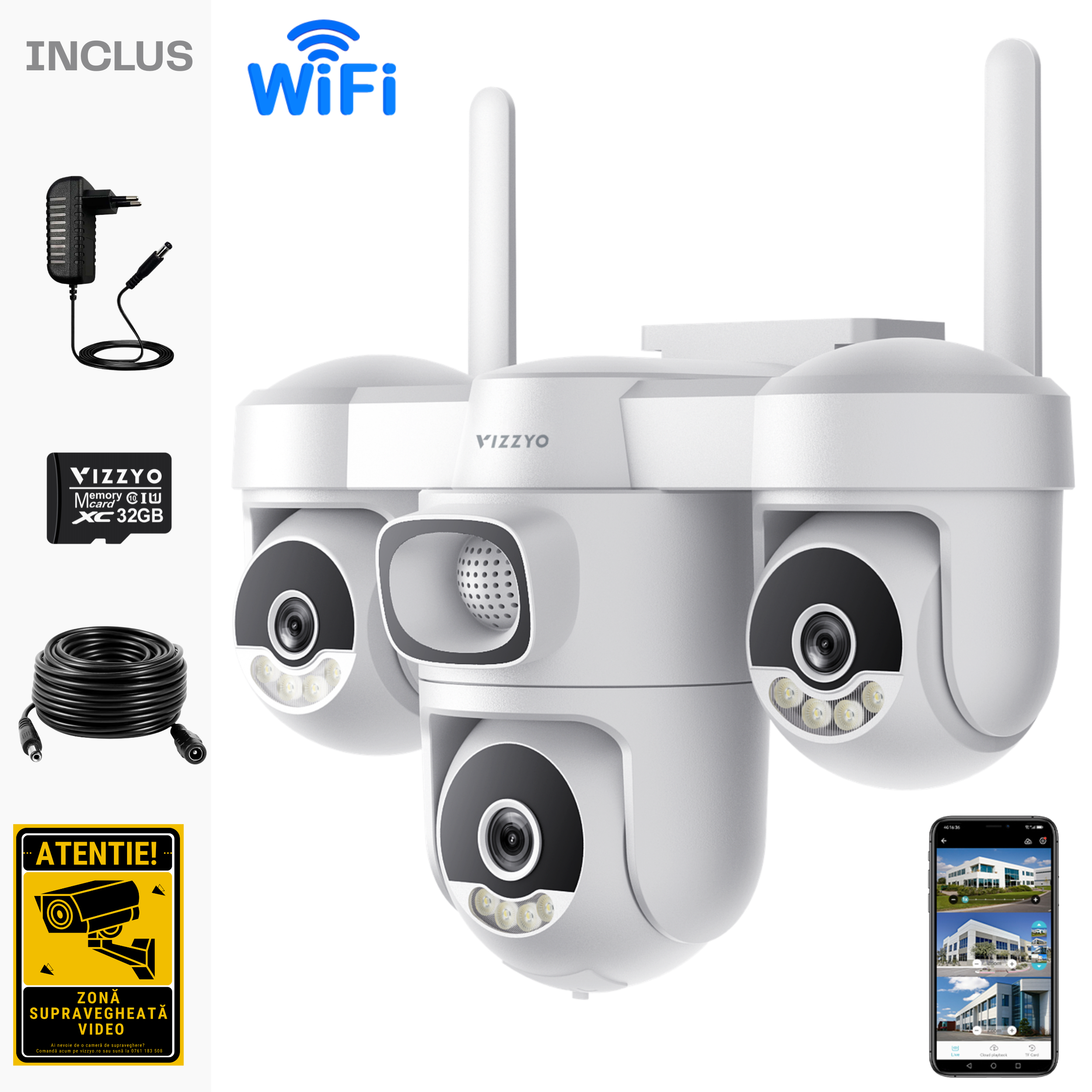 Cameră Supraveghere Triplă WiFi Vizzyo Atlas 3, 12MP, 3 Camere