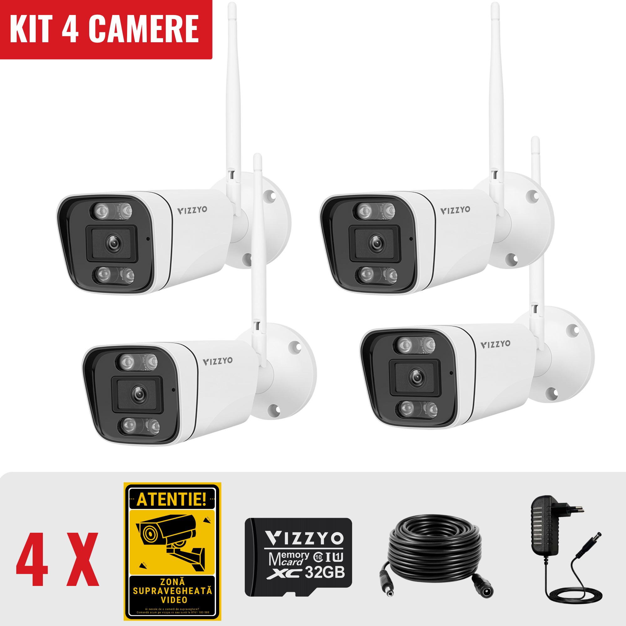 SET 4 X Camere Supraveghere Bullet WiFi Vizzyo Bullet One, 5MP, Zoom 5X, IR 30m, Audio Bidirecțional, Detecție Mișcare, HDR, ISP, Slot SD 256GB, IP66, Carcasă Metalică