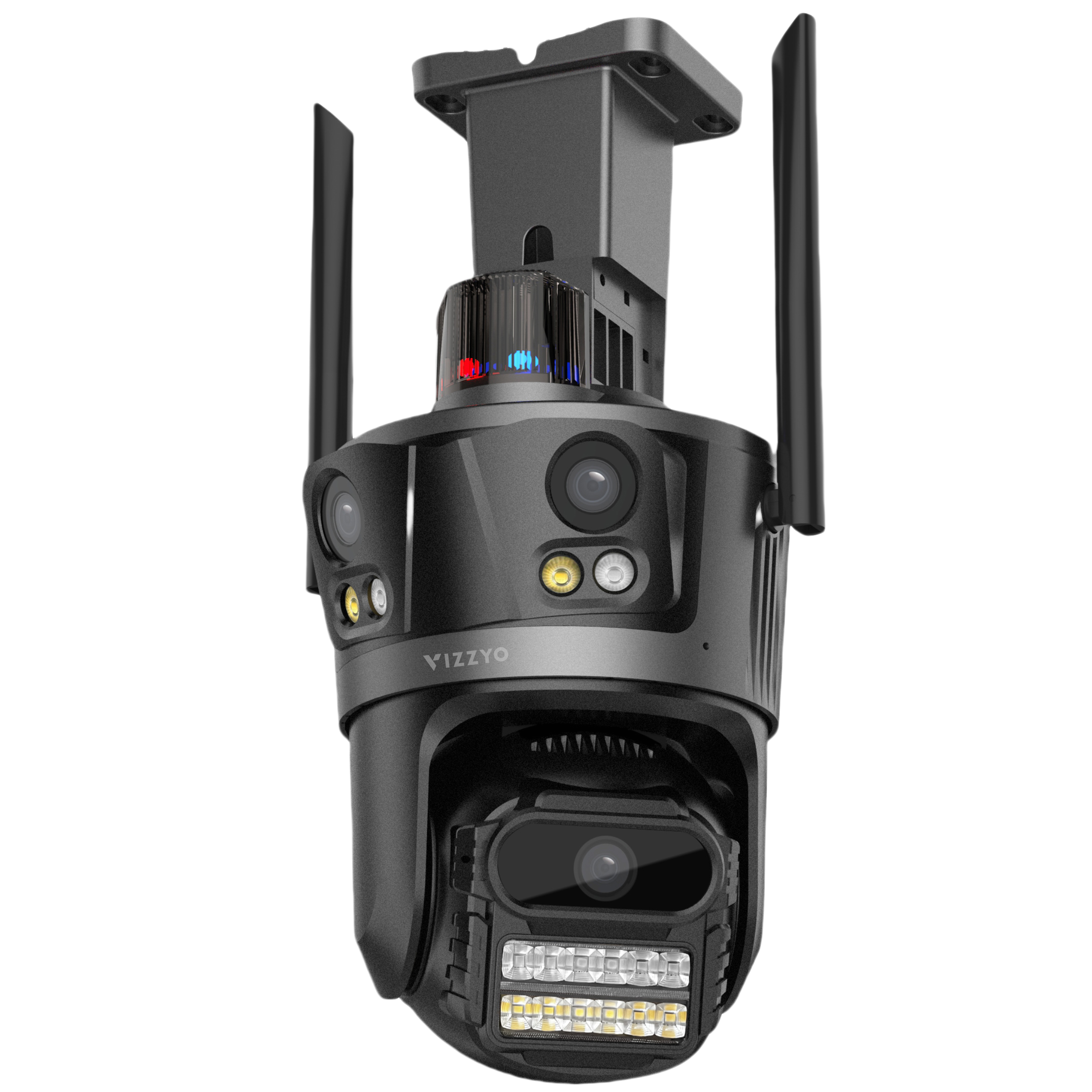 Cameră Supraveghere Triplă WiFi Vizzyo TriForce, 12MP, 3 Camere În 1, Sirenă, Antene 5dbi, Acoperire Panoramică 360°, Zoom 10X, Mod Noapte Color & IR, Detecție Umană + Urmărire Automată, Audio Bidirecțional, Aplicatie iCsee, IP66, SD 128GB