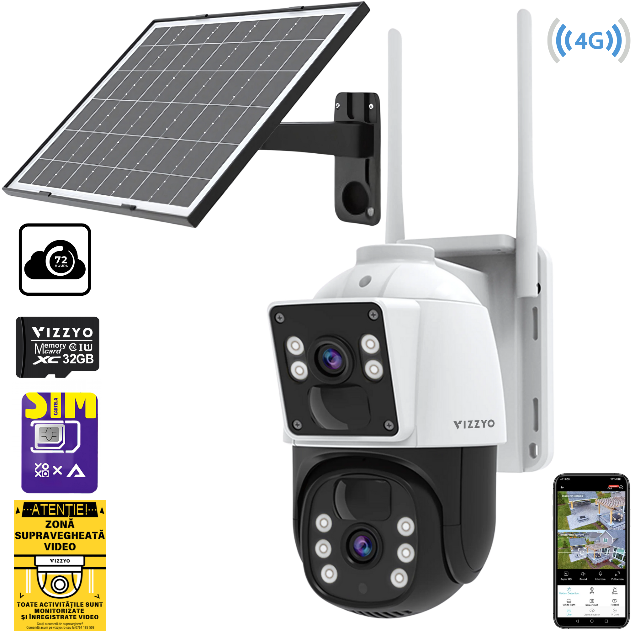 Cameră Supraveghere Solară 4G Vizzyo Nova Guardian, Slot Cartelă SIM + Panou Solar, Baterie Integrată, 8MP, 2 Lentile, Mod Noapte Color + IR, Detecție Mișcare & Urmărire Automată, Audio Bidirecțional, Control din Aplicatie, IP66, HDR, ISP, SD 256GB