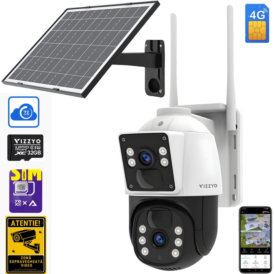 Cameră Supraveghere Solară 4G Vizzyo Nova Guardian, Slot Cartelă SIM + Panou Solar, Baterie Integrată, 8MP, 2 Lentile, Mod Noapte Color + IR, Detecție Mișcare & Urmărire Automată, Audio Bidirecțional, Control din Aplicatie, IP66, HDR, ISP, SD 256GB
