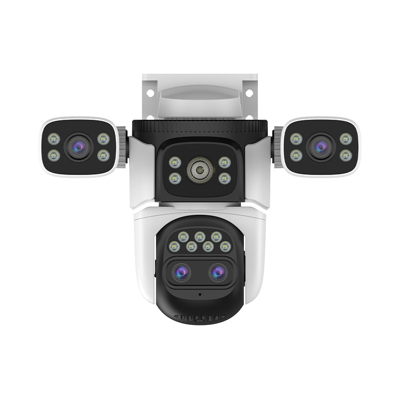 Cameră Supraveghere Triplă WiFi Vizzyo Ultra Defender Pro, 16MP, Zoom Optic Până la 200 metri, Viziune Nocturnă Color, Acoperire Panoramică 360°, Detecție Mișcare & Urmărire Automată, Audio Bidirecțional, IP66, WDR, SD 256GB
