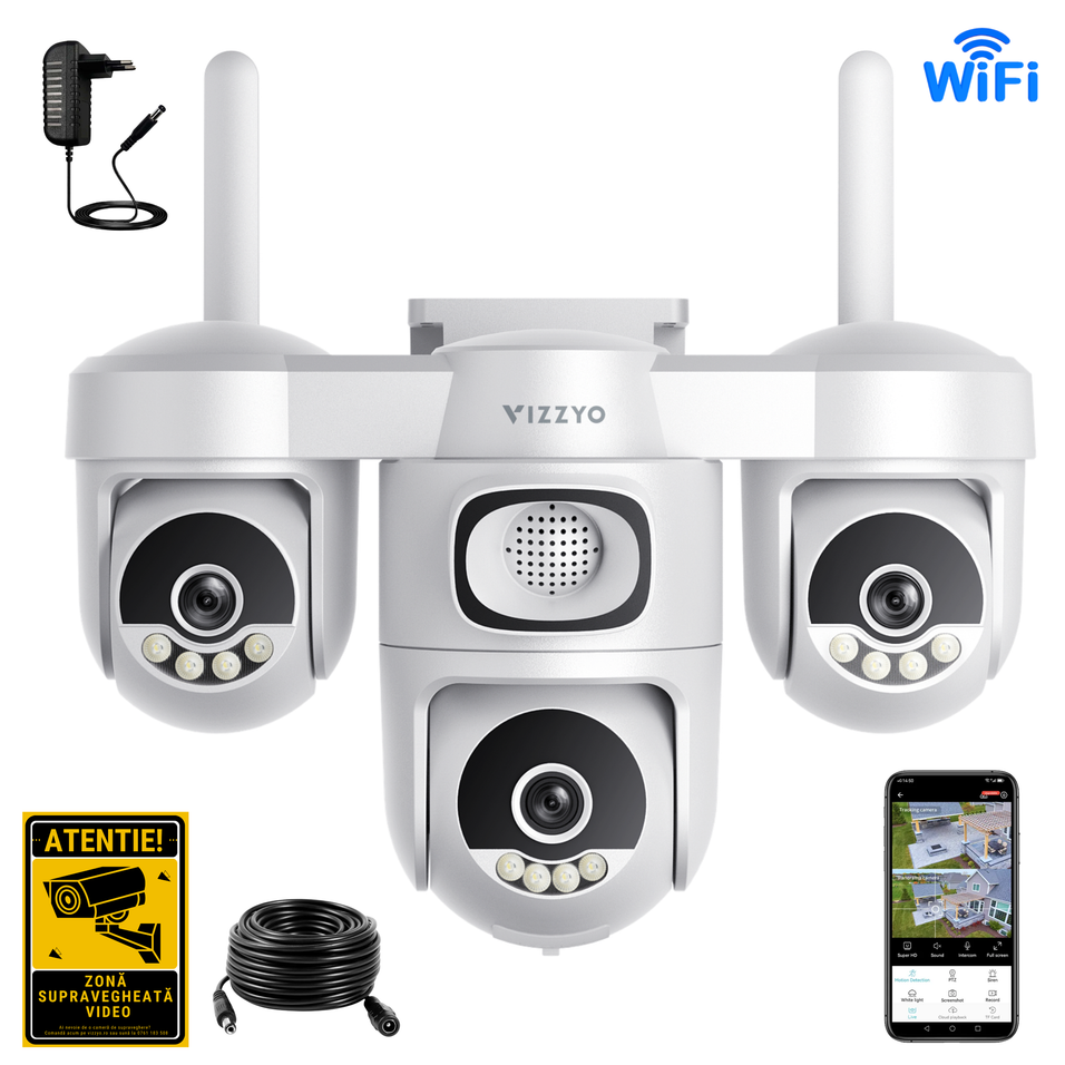 Cameră Supraveghere Triplă WiFi Vizzyo Atlas 3, 12MP, 3 Camere Motorizate În 1, Control din Aplicație, Acoperire 360°, Mod Noapte Color & IR, Detecție Umană + Urmărire Automată, Audio Bidirecțional, Aplicație O-Kam Pro, WiFi Dual-Band, IP66, SD 256