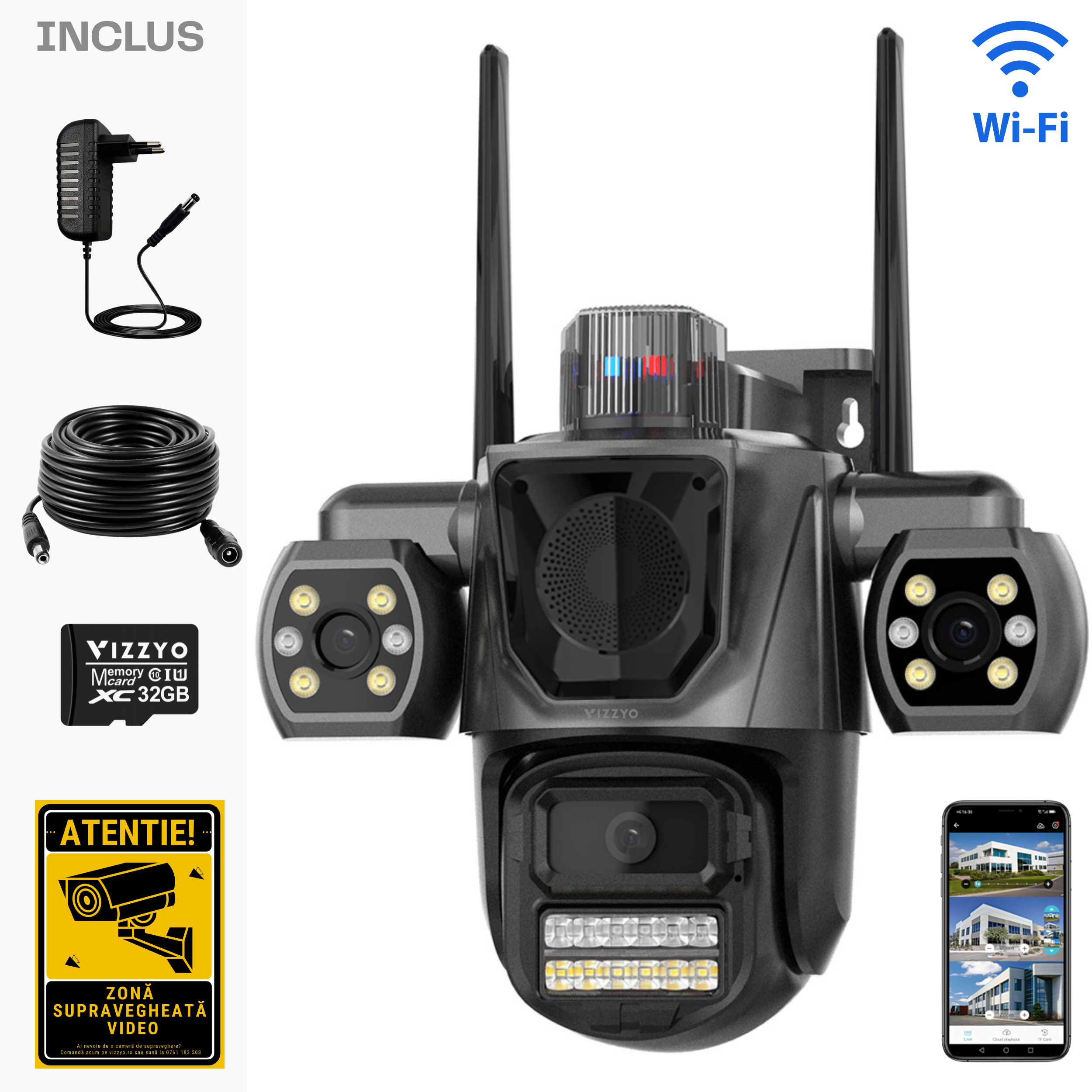 Cameră Supraveghere Triplă WiFi Vizzyo TriShield, 9MP, 3 Camere În 1, Acoperire Panoramică 360°, Sirenă, Zoom 10X, Mod Noapte Color & IR, Detecție Umană + Urmărire Automată, Audio Bidirecțional, Aplicatie iCsee, IP66, SD 128GB