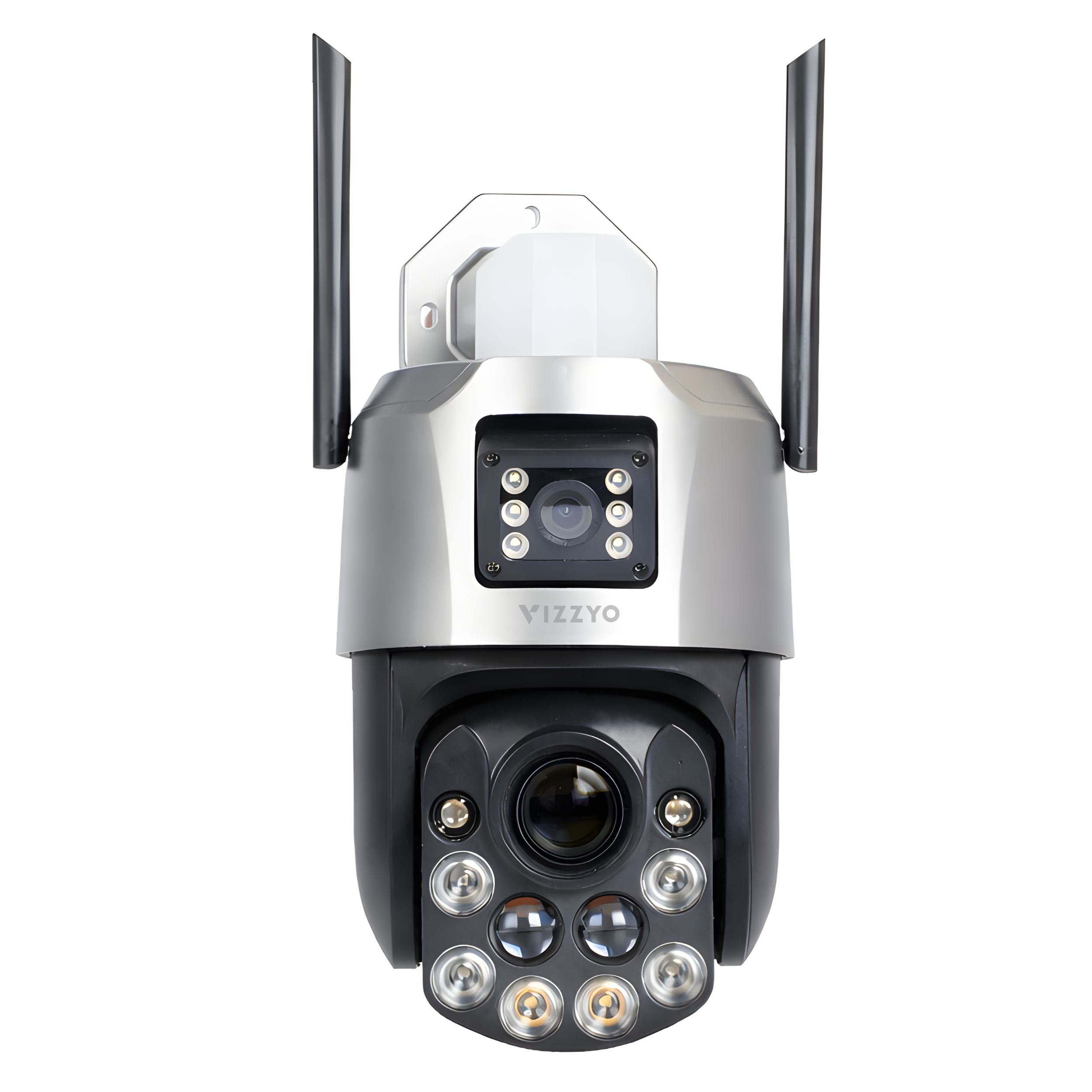 Cameră Supraveghere Dublă WiFi Vizzyo Shield Pro, 8MP, 2 Camere În 1, Zoom Optic 24X până la 300M, Sirenă Integrata, Mod Noapte Color & IR 120M, Detecție Persoane + Urmărire Automată, Audio Bidirecțional, Aplicație iCsee, IP66, SD 128GB