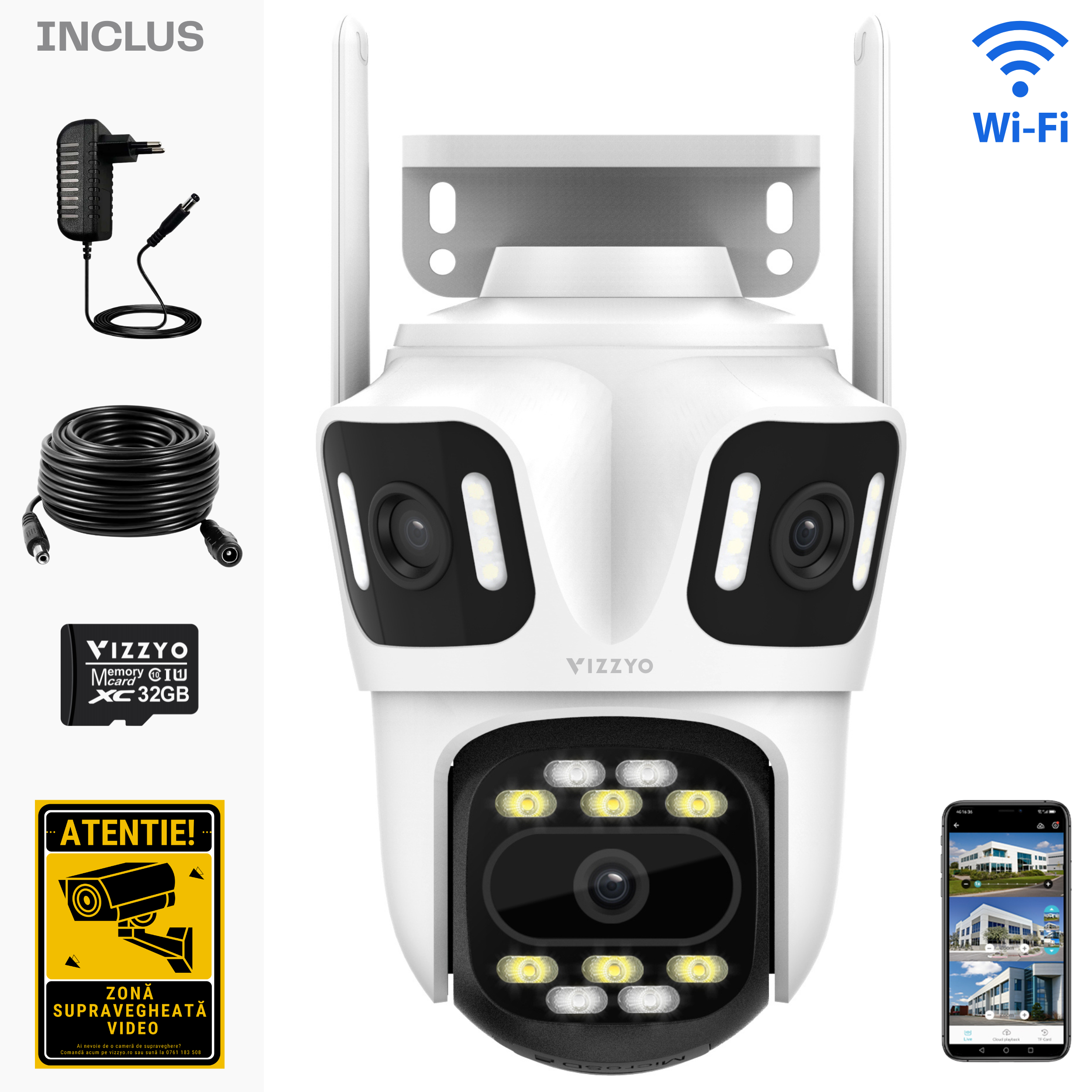 Cameră Supraveghere Triplă WiFi Vizzyo TriGuard, 12MP, 3 Camere În 1, Acoperire Panoramică 360°, Zoom 10X, Mod Noapte Color & IR, Detecție Umană + Urmărire Automată, Audio Bidirecțional, Aplicatie iCsee, IP66, SD 128GB