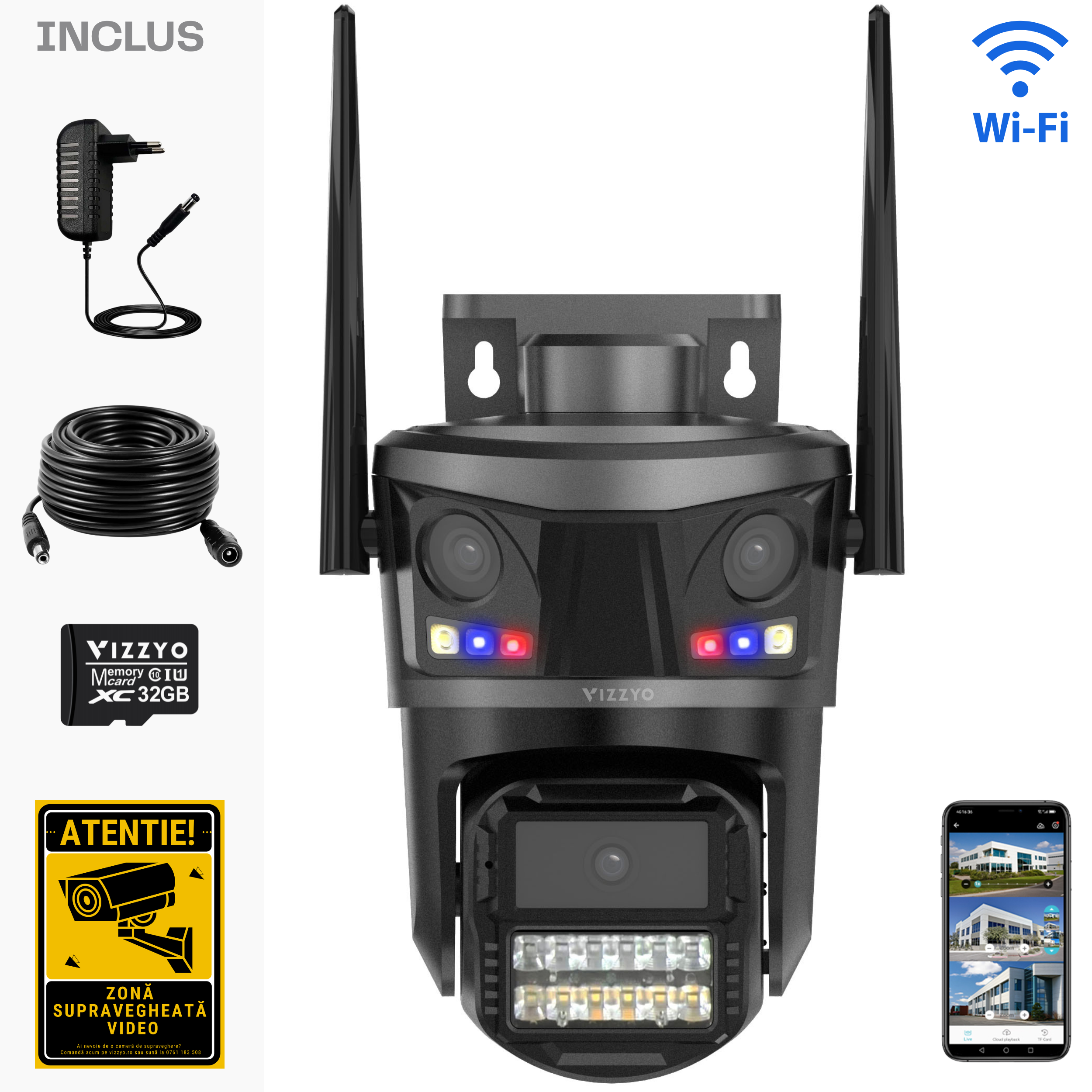 Cameră Supraveghere Triplă WiFi Vizzyo TriWatch, 12MP, 3 Camere În 1, Sirenă, Acoperire Panoramică 360°, Zoom 10X, Mod Noapte Color & IR, Detecție Umană + Urmărire Automată, Audio Bidirecțional, Aplicatie iCsee, IP66, SD 128GB