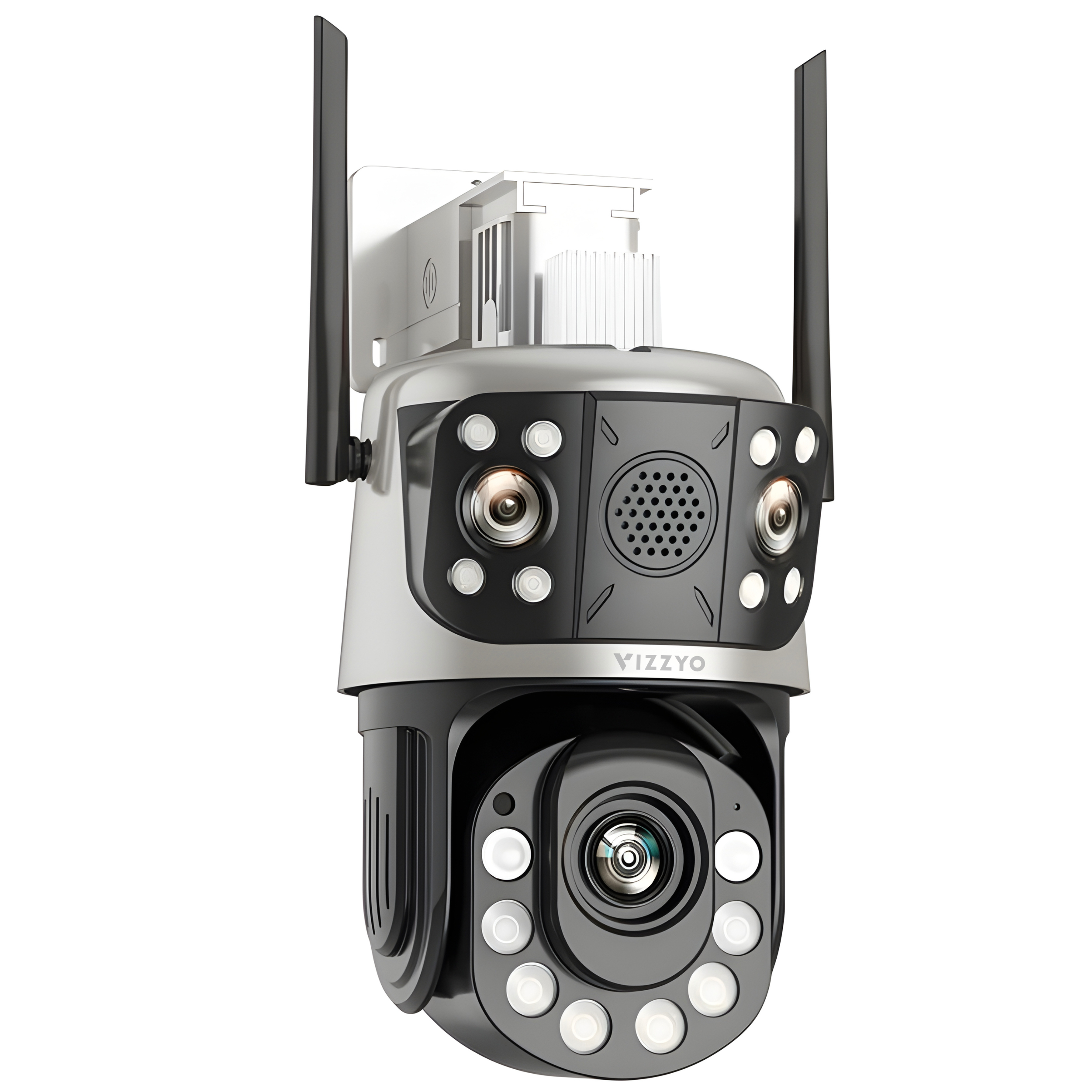 Cameră Supraveghere Triplă WiFi Vizzyo TriWatch Pro, 12MP, 3 Camere În 1, Zoom Optic 36X până la 500M, Mod Noapte Color & IR 120M, Detecție Persoane + Urmărire Automată, Audio Bidirecțional, Aplicatie iCsee, IP66, SD 128GB