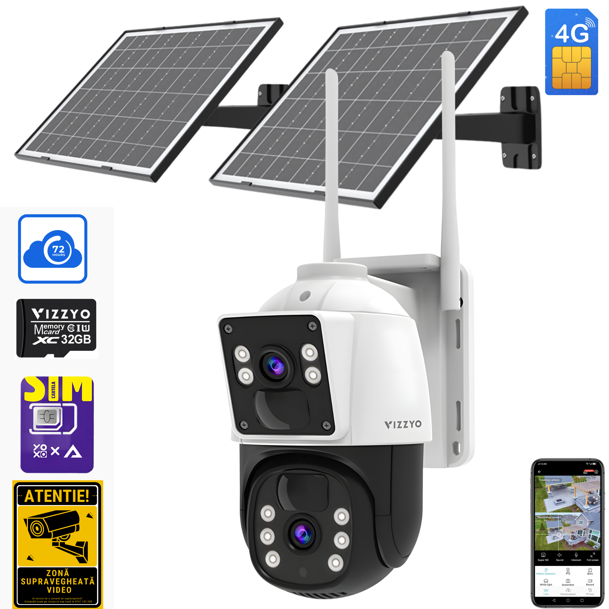 Cameră Supraveghere Solară 4G Vizzyo Nova Guardian, Slot Cartelă SIM, 2 Panouri Solare, Baterie Integrată, 8MP, 2 Lentile, Mod Noapte Color & IR, Detecție Mișcare & Urmărire Automată, Audio Bidirecțional, Control din Aplicatie, IP66, HDR, ISP, SD 256GB