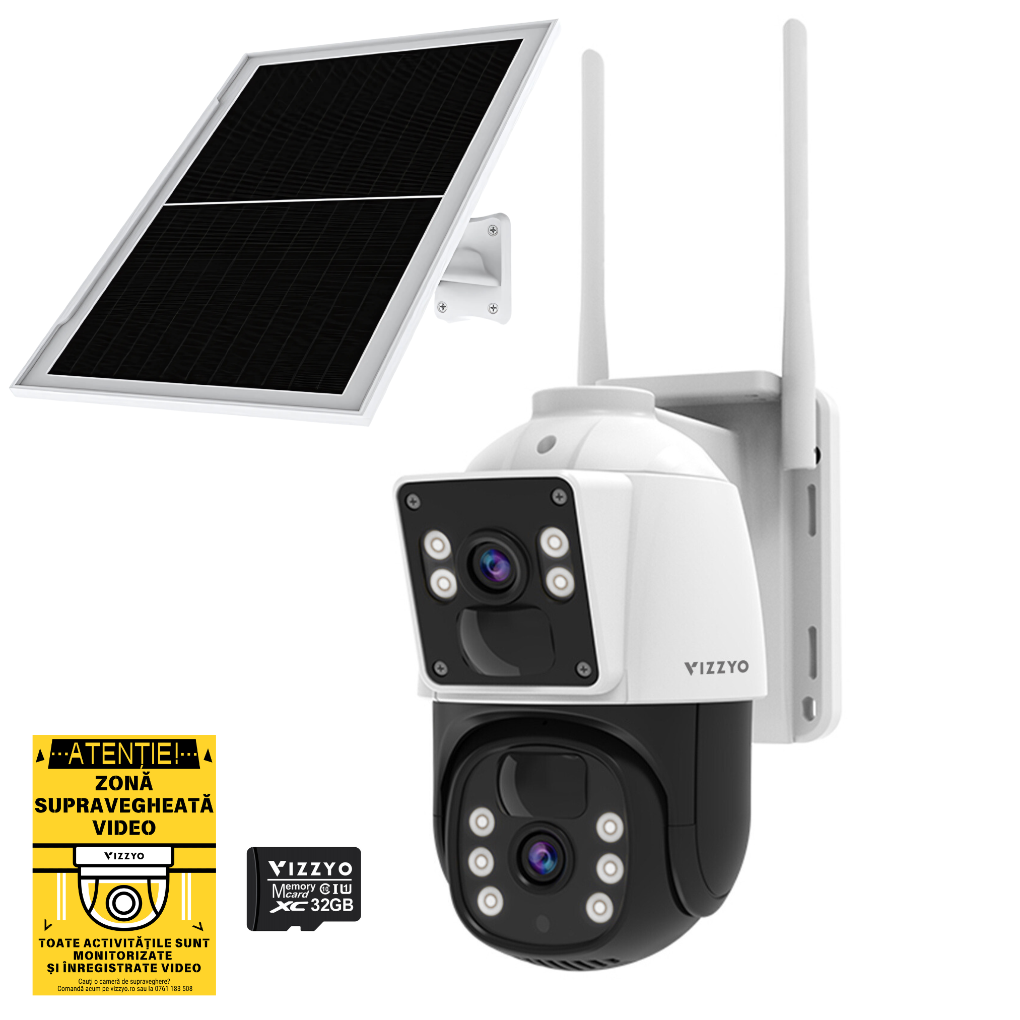 Cameră Supraveghere Solară 4G Vizzyo Nova Guardian, Slot Cartelă SIM + Panou Solar, Baterie Integrată, 8MP, Mod Noapte Color + IR, Detecție & Urmărire Automată AI, Audio Bidirecțional, Control din aplicatie, IP66, HDR, ISP, SD 256GB