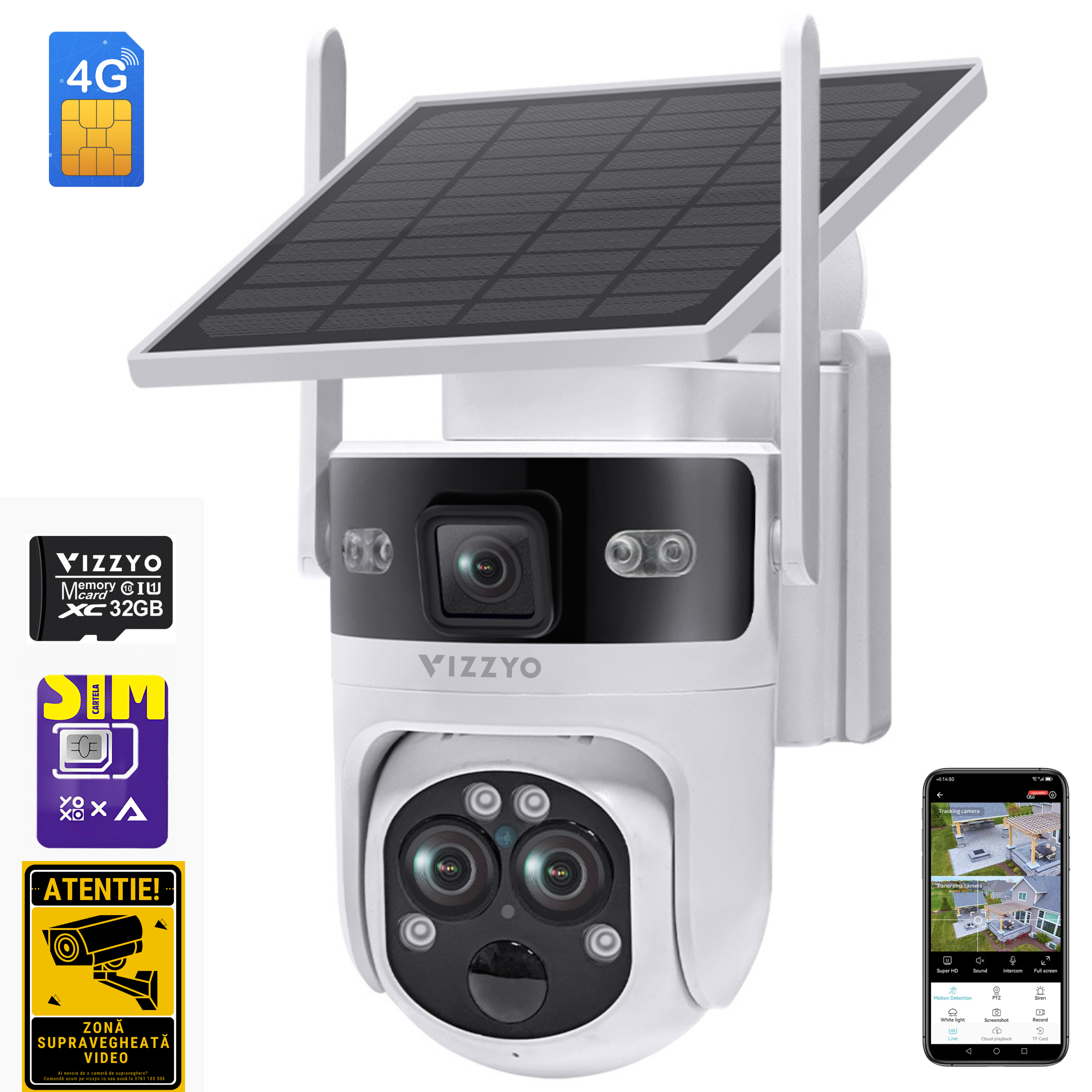 Cameră Supraveghere 4G Solară cu Cartelă SIM Vizzyo Helio, 12MP,  3 Lentile, Zoom Optic 15X, Panou Solar 5W, Baterie 7800mAh, Senzor PIR, Mod Noapte Color + IR, Detecție Mișcare & Urmărire Automată, Audio Bidirecțional, Aplicația UBox, IP66,  SD 128GB