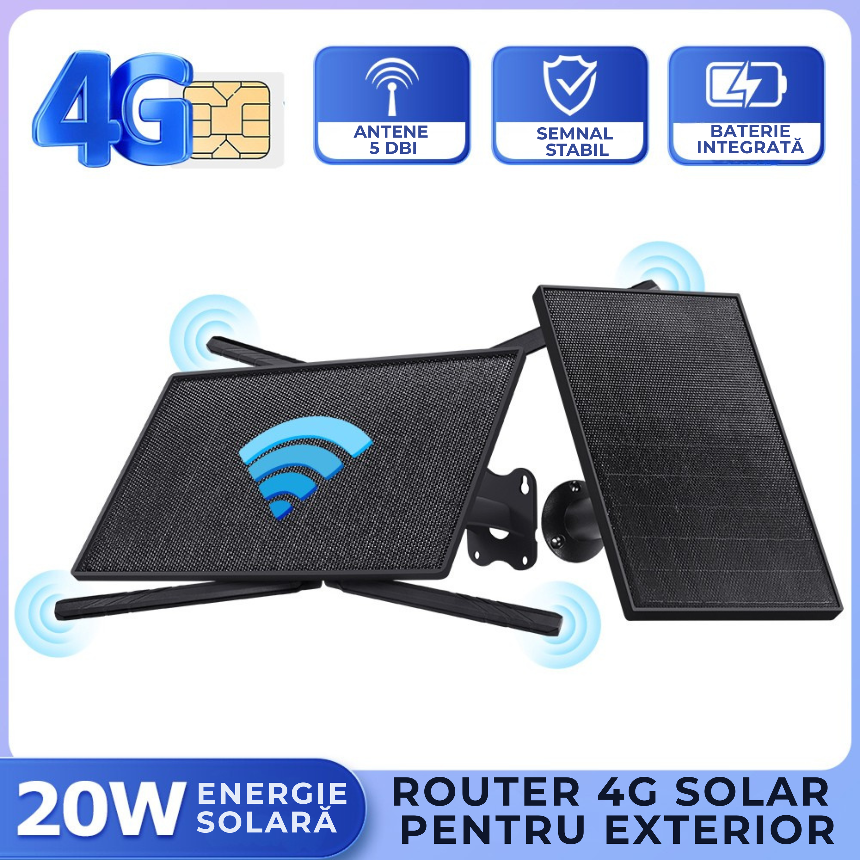Router 4G Solar de Exterior cu Cartelă SIM, Vizzyo AirNet Router, Redă WiFi 2.4GHz, 4G CAT4 Până la 150 Mbps, Antene High-Gain 5 dBi, Acoperire 50 m, Baterie Integrată 20100mAh, 2 Panouri Solare 20W, 10 Dispozitive, WPA/WPA2, Port Forward, Firewall, IP66