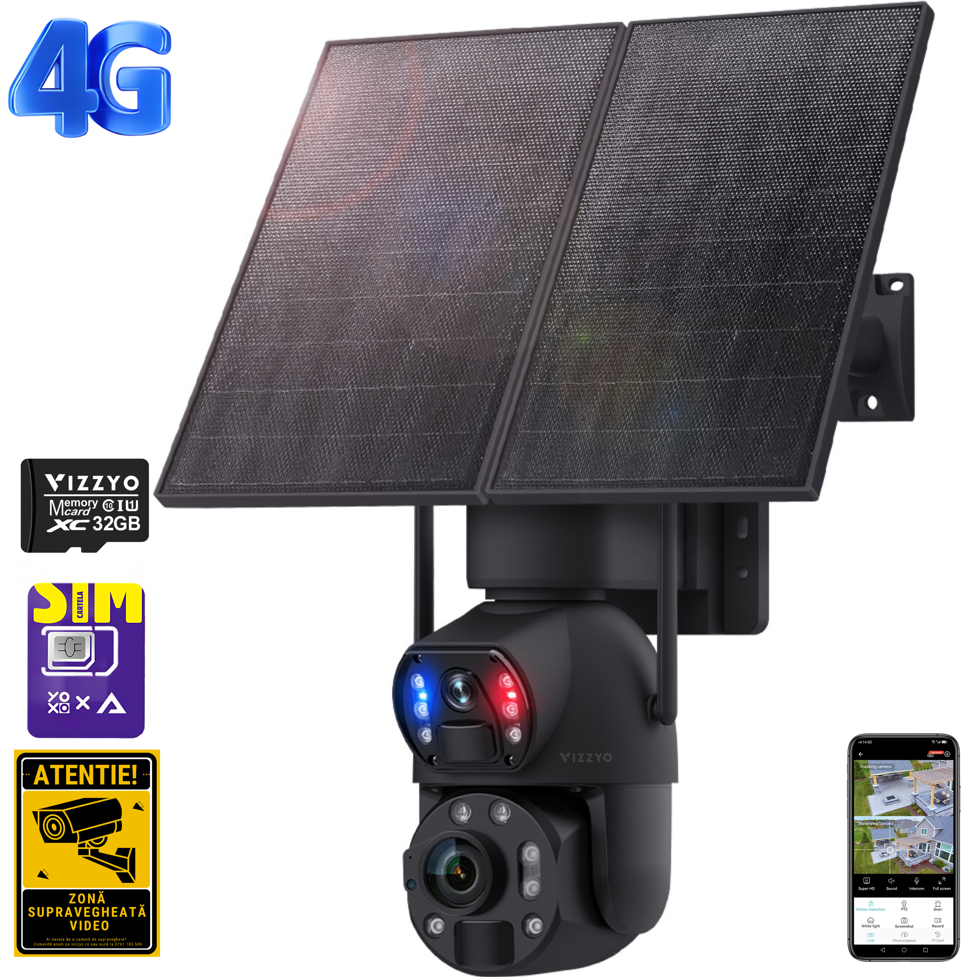 Cameră Supraveghere 4G Solară cu Cartelă SIM Vizzyo Olimp, 8MP, Înregistrare 24/7, Zoom Optic 36X, Panou Solar 20W, Baterie 20000mAh, Mod Noapte Color & IR, Detecție Mișcare & Smart Tracking, Audio Bidirecțional, Aplicația UBox, IP67, SD 128GB