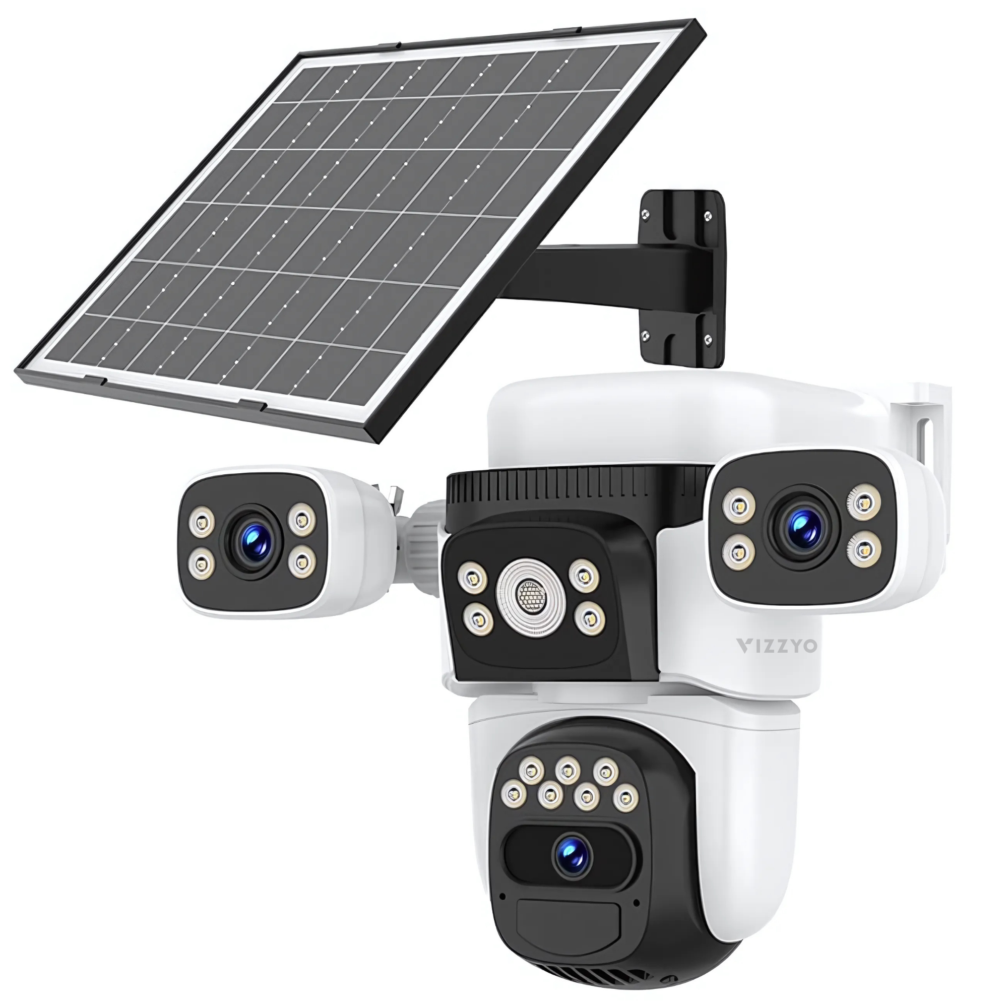 Cameră Supraveghere 4G Vizzyo Ultra Defender Solară, Cartelă SIM + Panou Solar, 12MP, 3 Camere În 1, Viziune Nocturnă Color, Detecție Mișcare & Urmărire Automată, Audio Bidirecțional, Control din Aplicatie, IP66, HDR, ISP, SD 256GB