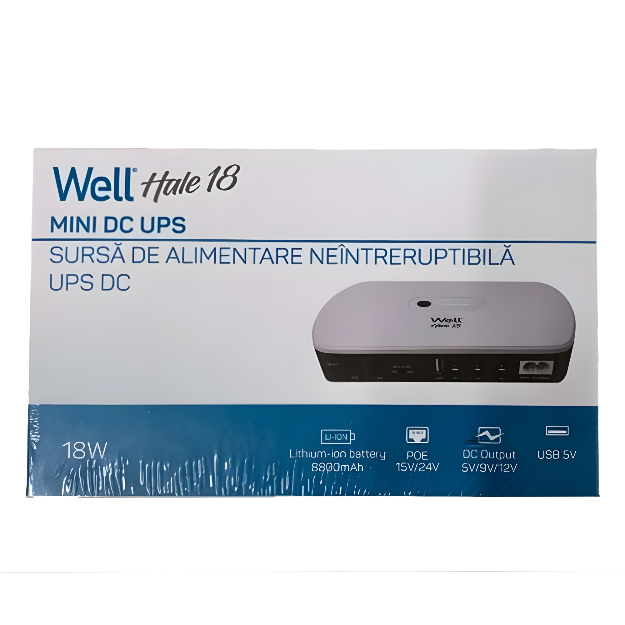 UPS Well, Sursă de Alimentare cu Baterie Integrată 8800mAh, Putere 18W, Porturi 5V/9V/12V, PoE 15V/24V, USB