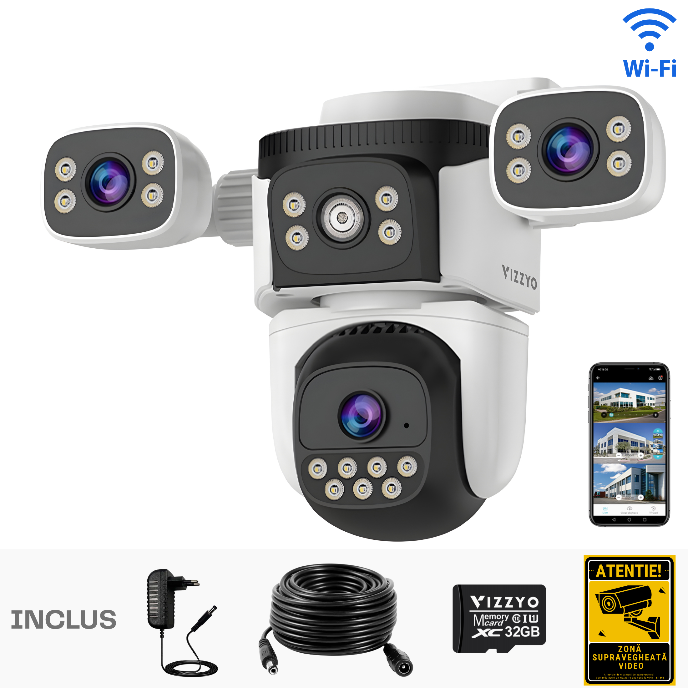 Cameră Supraveghere WiFi Vizzyo Ultra Defender, 12MP, 3 Camere În 1, Viziune Nocturnă Color, Acoperire Panoramică 360°, Detecție Mișcare & Urmărire Automată, Audio Bidirecțional, Control din aplicatie, IP66, HDR, ISP, SD 256GB
