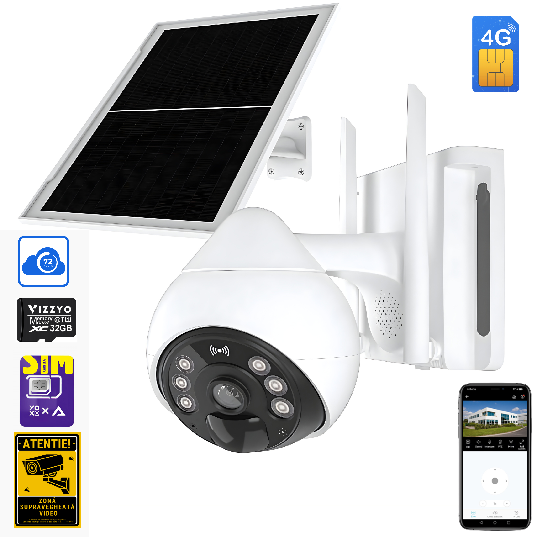 Cameră Supraveghere Solară 4G Vizzyo Eye Drop Pro, Slot Cartelă SIM + Panou Solar, Baterie Integrată, 5MP, Ultra Wide, Mod Noapte Color + IR, Detecție Mișcare & Urmărire Automată, Audio Bidirecțional, Control din Aplicatie, IP66, HDR, ISP, SD 256GB