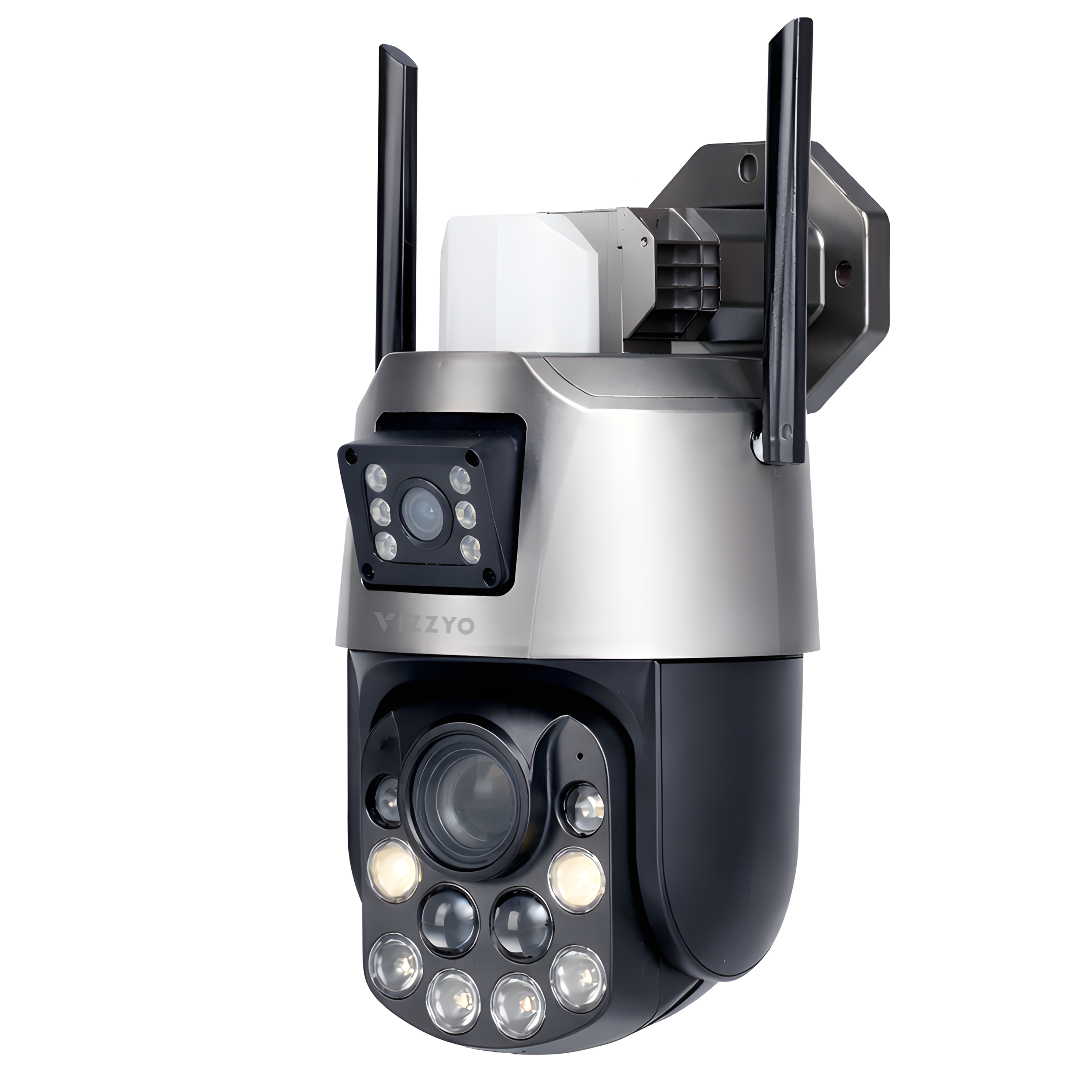 Cameră Supraveghere Dublă WiFi Vizzyo Shield Pro, 8MP, 2 Camere În 1, Zoom Optic 24X până la 300M, Sirenă Integrata, Mod Noapte Color & IR 120M, Detecție Persoane + Urmărire Automată, Audio Bidirecțional, Aplicație iCsee, IP66, SD 128GB
