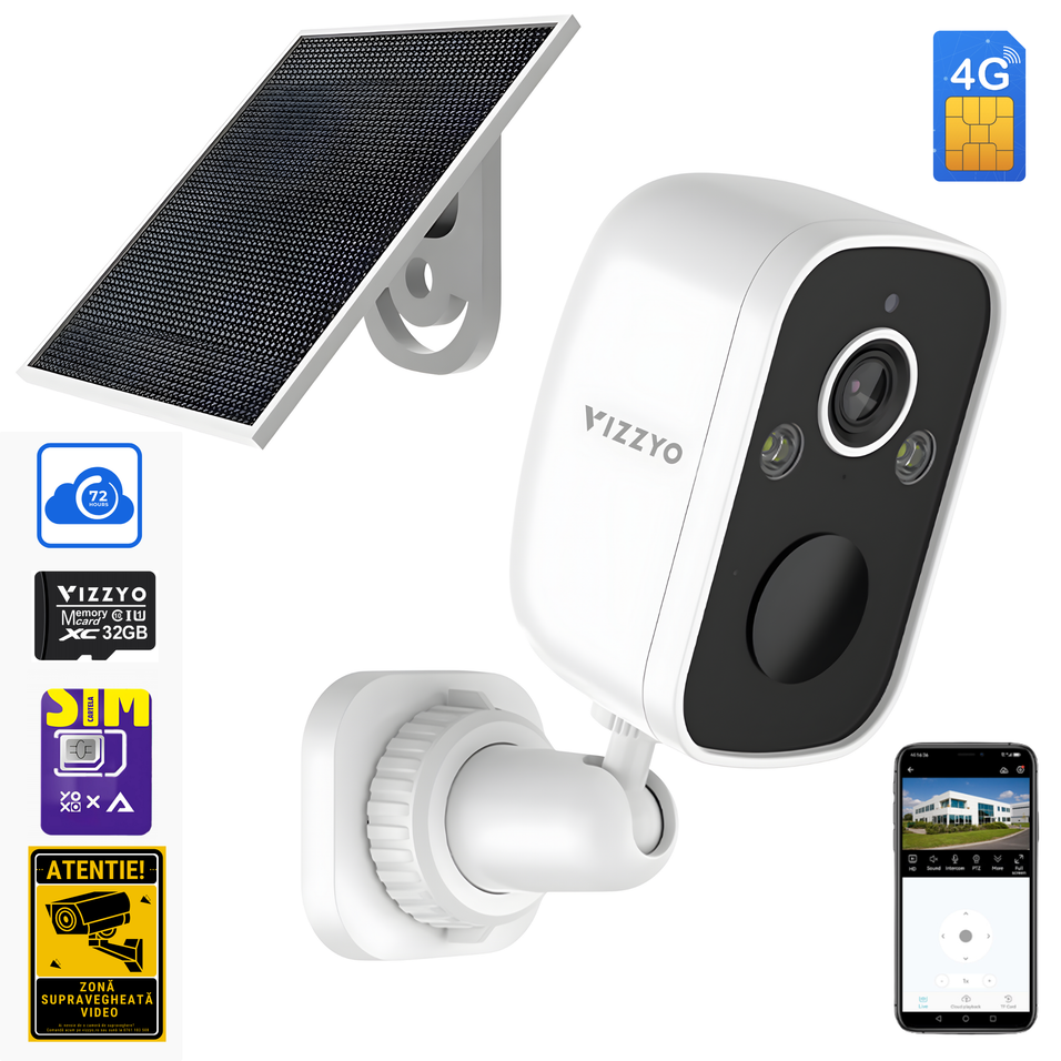 Cameră Supraveghere Solară 4G cu Cartelă SIM Vizzyo Edge Guardian, 5MP, Panou Solar, Unghi 144°, Viziune Nocturnă Color & IR 30m,Detecție Mișcare, Audio Bidirecțional, IP66, SD 256GB, Cloud Gratuit