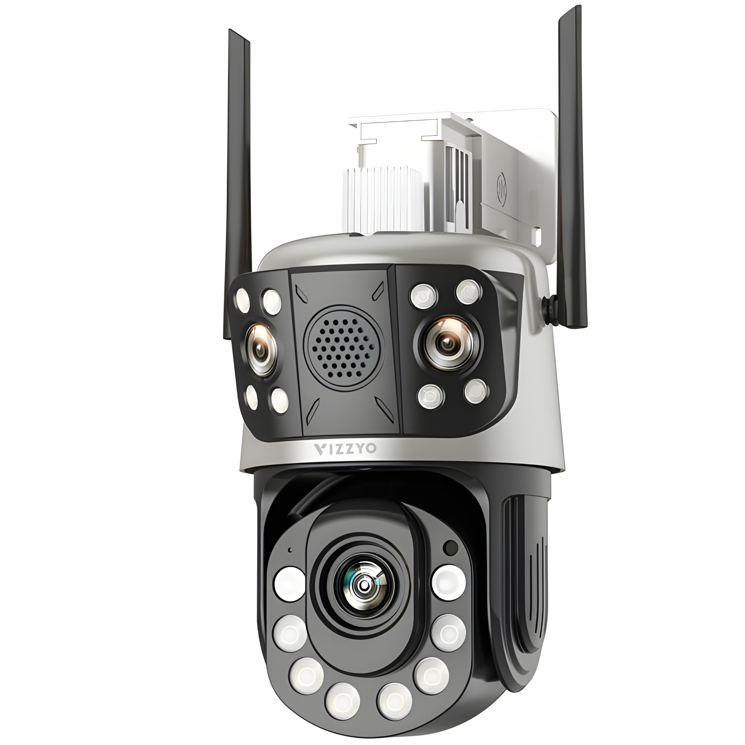 Cameră Supraveghere Triplă WiFi Vizzyo TriWatch Pro, 12MP, 3 Camere În 1, Zoom Optic 36X până la 500M, Mod Noapte Color & IR 120M, Detecție Persoane + Urmărire Automată, Audio Bidirecțional, Aplicatie iCsee, IP66, SD 128GB
