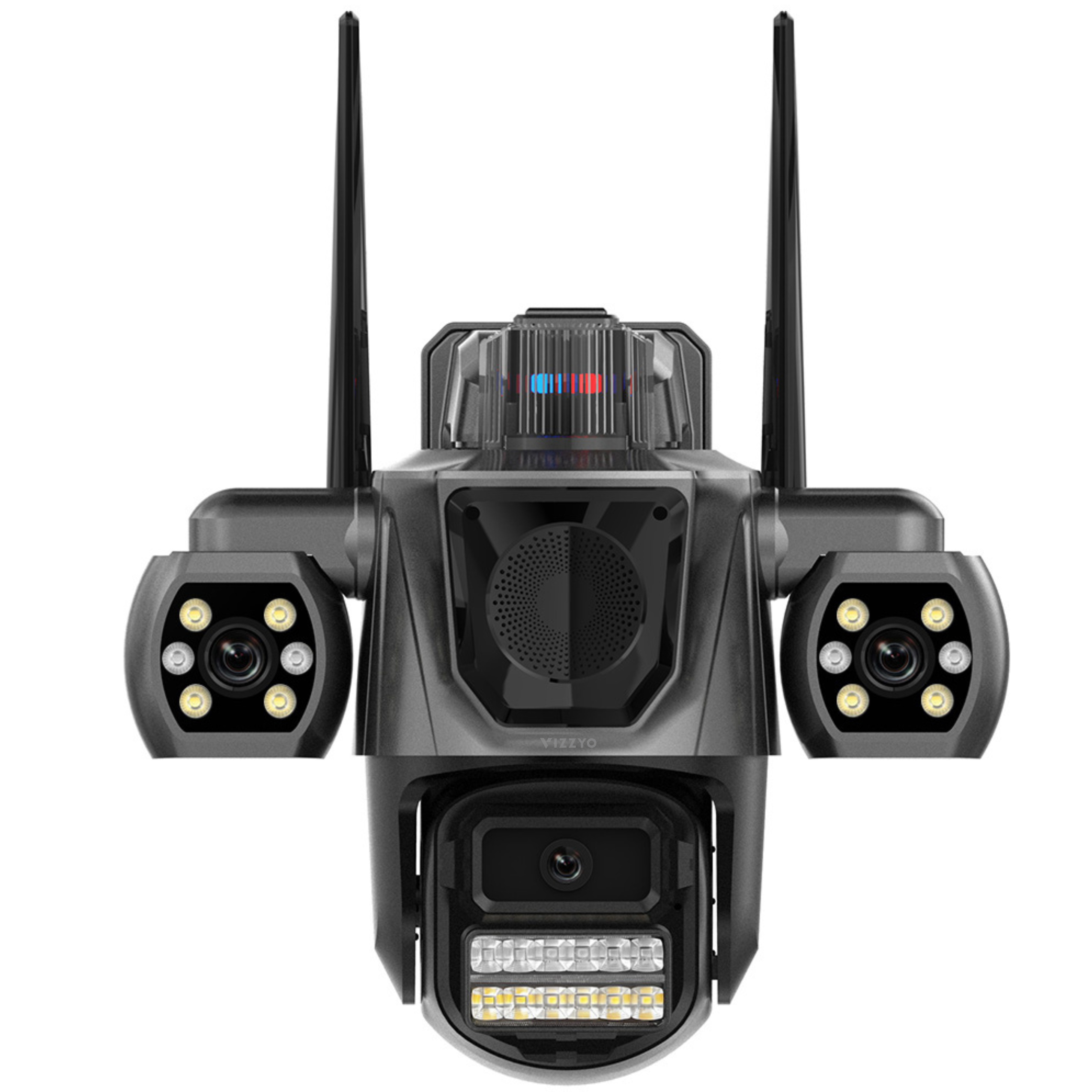 Cameră Supraveghere Triplă WiFi Vizzyo TriShield, 9MP, 3 Camere În 1, Acoperire Panoramică 360°, Sirenă, Zoom 10X, Mod Noapte Color & IR, Detecție Umană + Urmărire Automată, Audio Bidirecțional, Aplicatie iCsee, IP66, SD 128GB