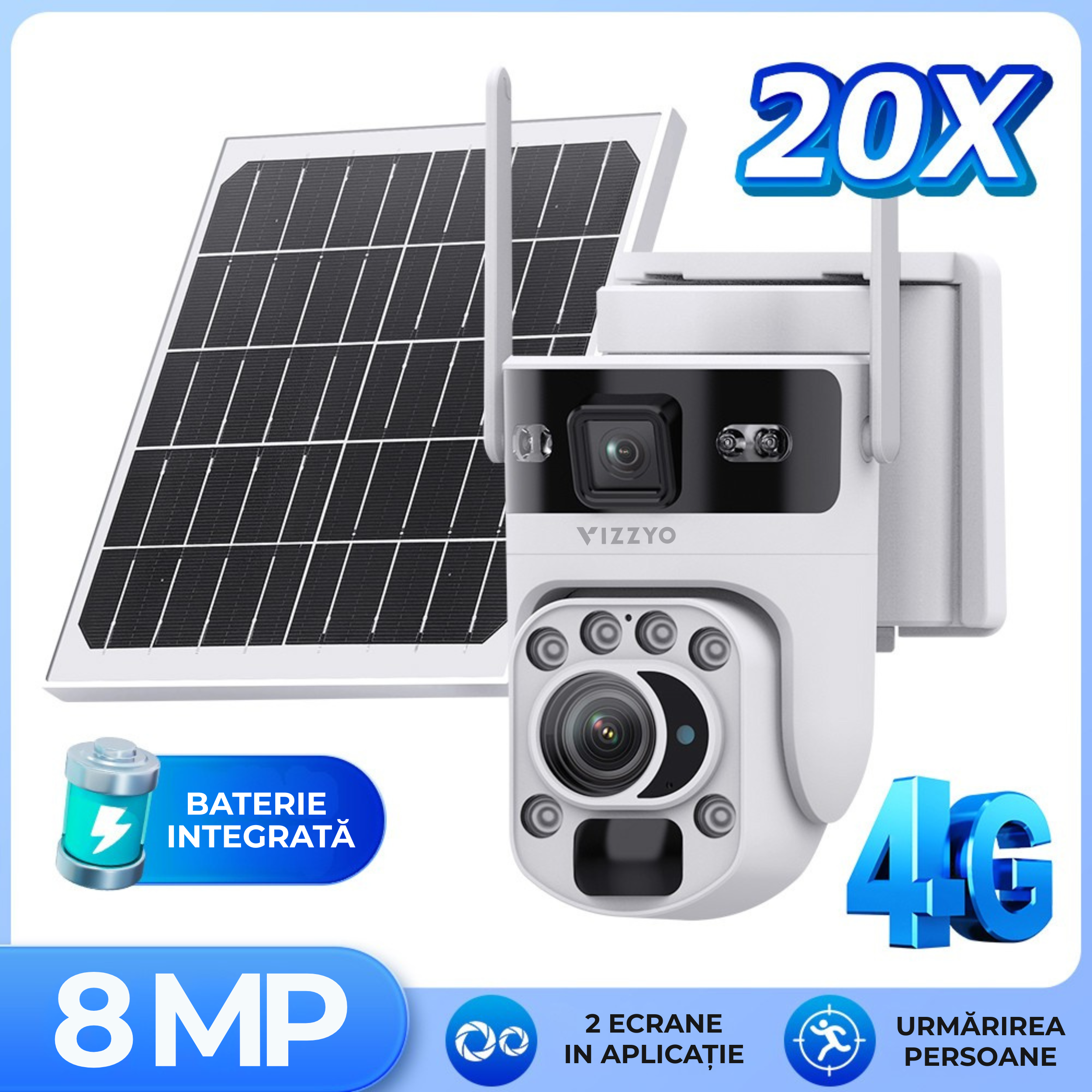 Cameră Supraveghere Solară 4G Vizzyo Scout, 8MP, Zoom Optic 20X Până la 300M, Panou Solar 6W, Baterie 10050 mAh, Mod Noapte Color + IR, Detecție Mișcare & Urmărire Automată, Audio Bidirecțional, Aplicație UBox, IP66, SD 128GB