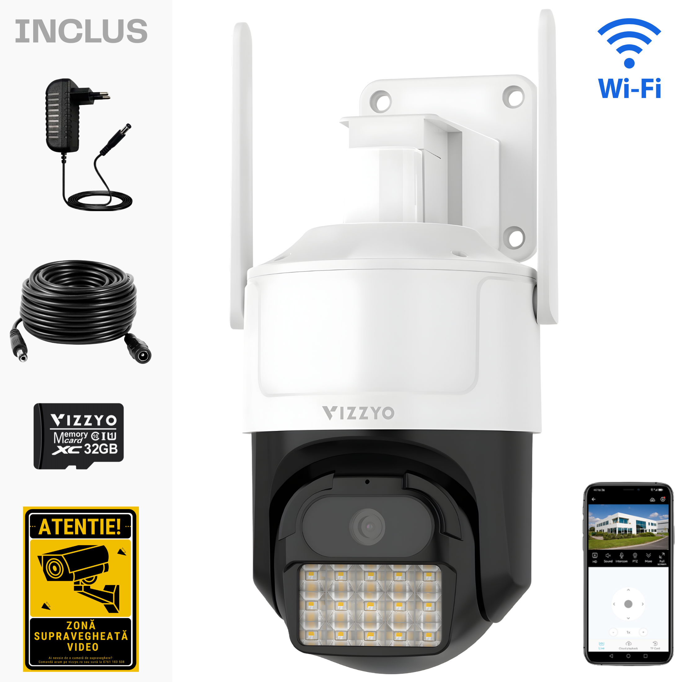 Cameră Supraveghere WiFi Dual-Band Vizzyo Alpha 4K, 8MP Ultra HD, Zoom 5X, Viziune Nocturnă Starlight, Sirenă Luminoasă LED, Detecție Mișcare, H.265, Audio Bidirecțional, IP66, SD 256GB