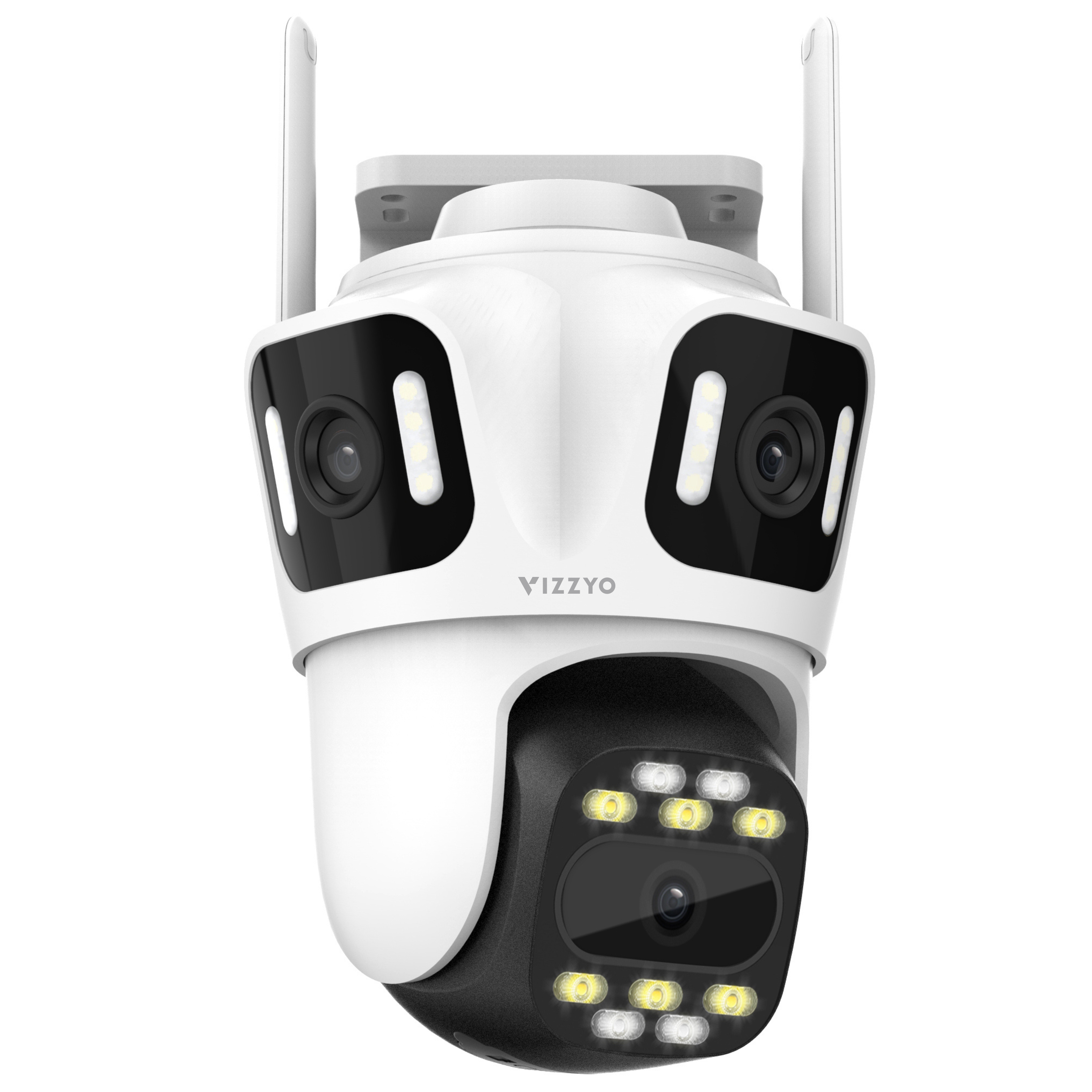 Cameră Supraveghere Triplă WiFi Vizzyo TriGuard, 12MP, 3 Camere În 1, Acoperire Panoramică 360°, Zoom 10X, Mod Noapte Color & IR, Detecție Umană + Urmărire Automată, Audio Bidirecțional, Aplicatie iCsee, IP66, SD 128GB