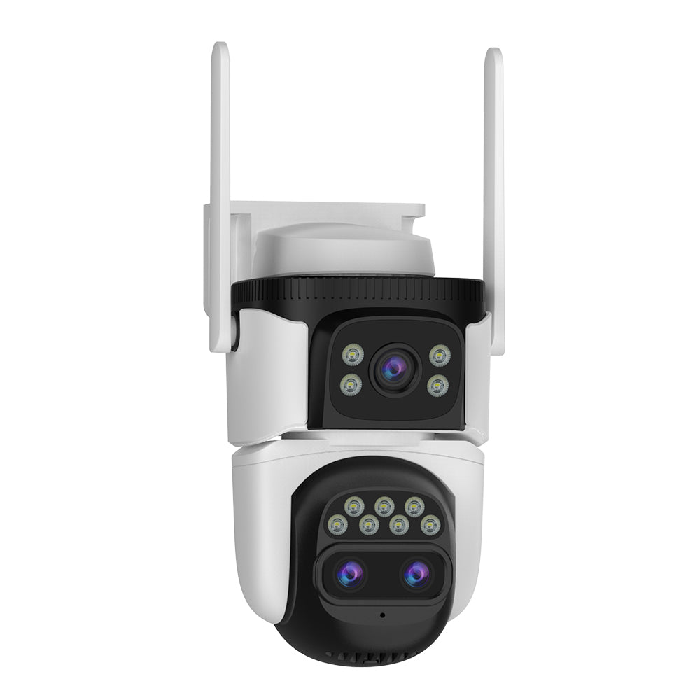 Cameră Supraveghere Dublă WiFi Vizzyo Dual Defender Pro, 12MP, Zoom Optic Până la 200 metri, Viziune Nocturnă Color, 3 lentile, 6K, Detecție Mișcare & Urmărire Automată, Audio Bidirecțional, HDR, ISP, IP66, SD 256GB