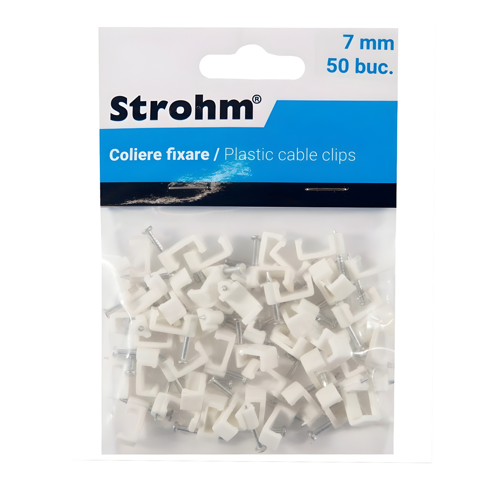 Cleme fixare cablu Strohm, 7 mm, albe, set 50 bucati