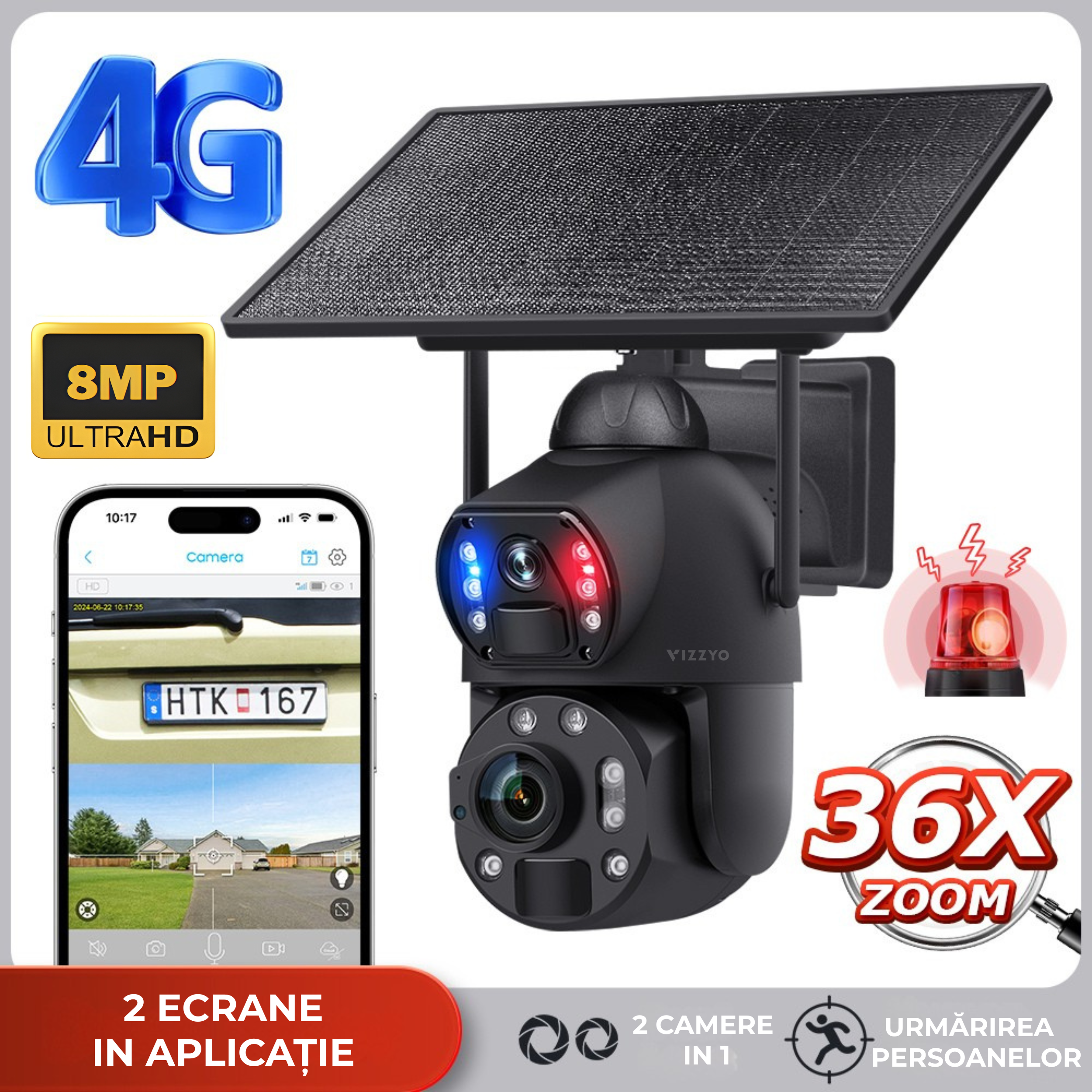 Cameră Supraveghere 4G Solară cu Cartelă SIM Vizzyo Hawk,  Zoom Optic 36X Pâna la 500M, 8MP, Panou Solar 10W, Baterie 20000mAh, IR 100M, Mod Noapte Color & IR, Detecție Mișcare + Smart Tracking, Audio Bidirecțional, Aplicația UBox, IP67, SD 128GB