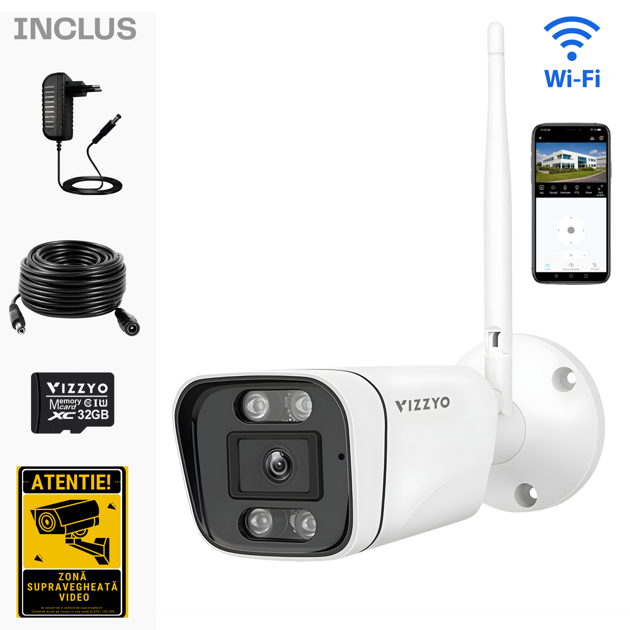 Cameră Supraveghere Bullet WiFi Vizzyo Bullet One, 5MP, Zoom 5X, IR 30m, Audio Bidirecțional, Detecție Mișcare, HDR, ISP, Slot SD 256GB, IP66, Carcasă Metalică