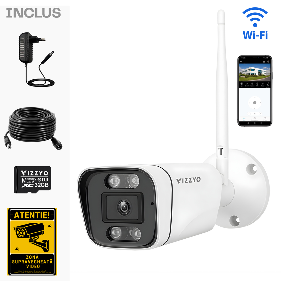 Cameră Supraveghere Bullet WiFi Vizzyo Bullet One, 5MP, Zoom 5X, IR 30m, Audio Bidirecțional, Detecție Mișcare, HDR, ISP, Slot SD 256GB, IP66, Carcasă Metalică