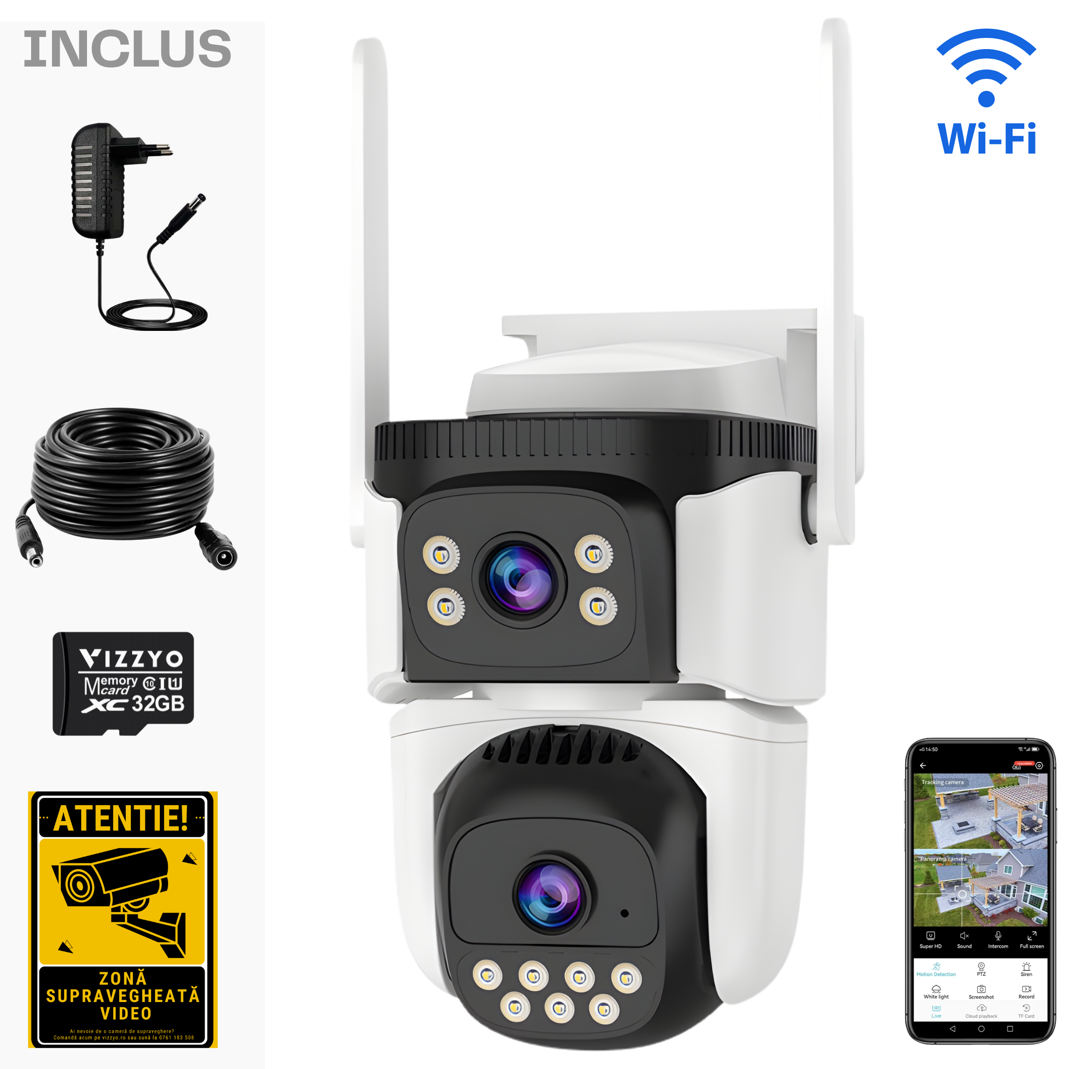 Cameră Supraveghere WiFi Vizzyo Dual Defender, 8MP, 2 Camere În 1, Viziune Nocturnă Color, Acoperire Panoramică 360°, Detecție Mișcare & Urmărire Automată, Audio Bidirecțional, Control din aplicatie, IP66, HDR, ISP, SD 256GB