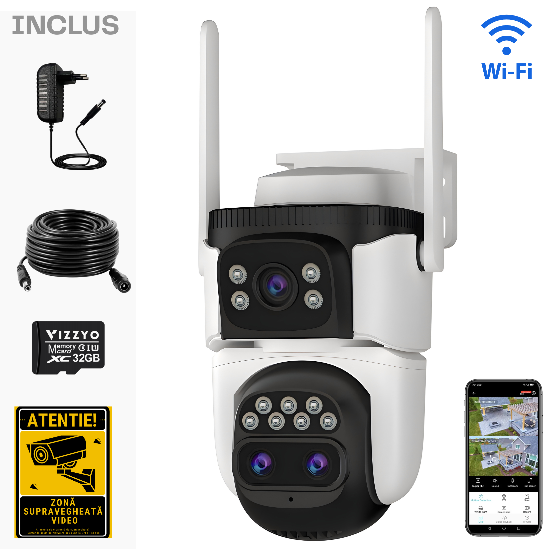 Cameră Supraveghere Dublă WiFi Vizzyo Dual Defender Pro, 12MP, Zoom Optic Până la 200 metri, Viziune Nocturnă Color, 3 lentile, 6K, Detecție Mișcare & Urmărire Automată, Audio Bidirecțional, HDR, ISP, IP66, SD 256GB