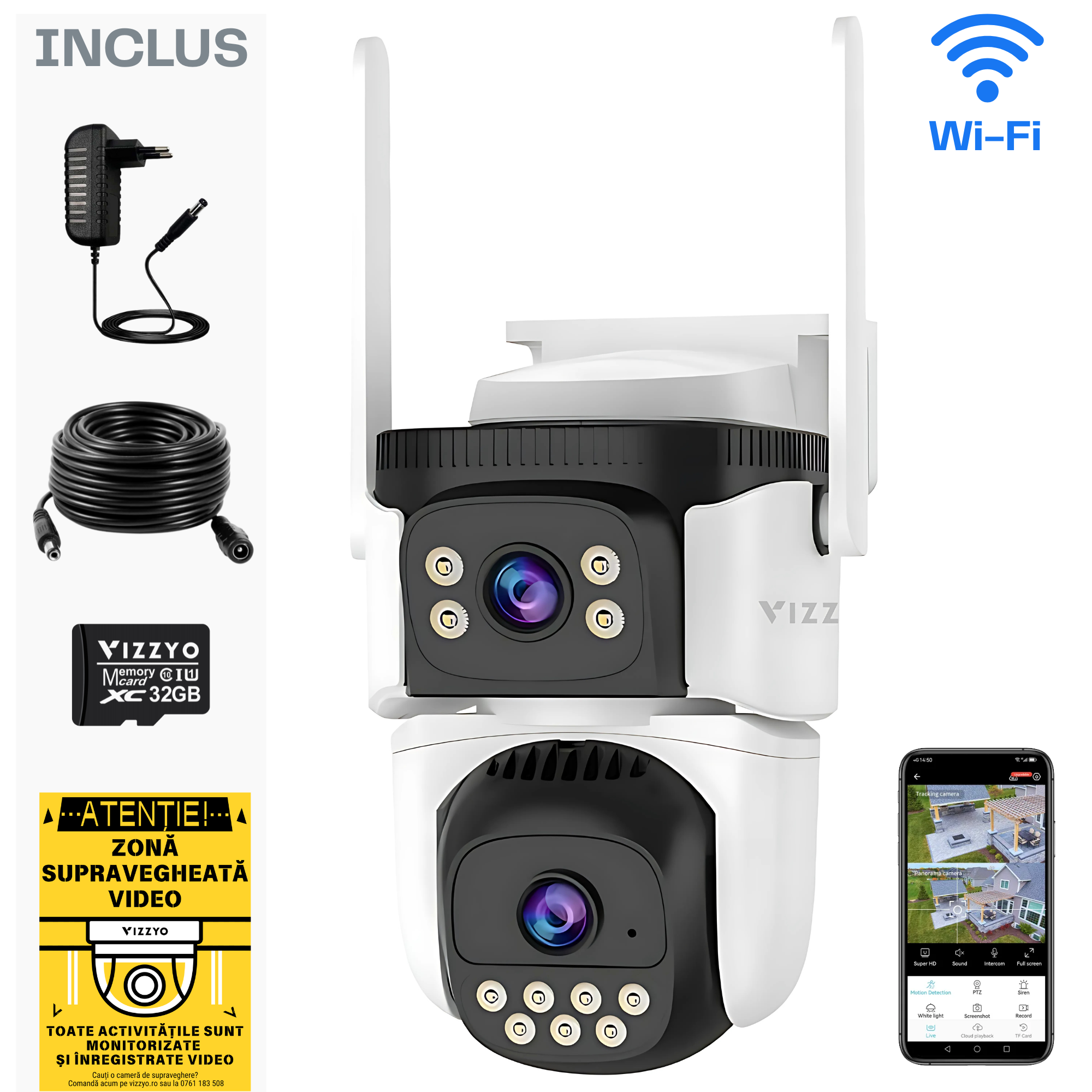 Cameră Supraveghere WiFi Vizzyo Dual Defender, 8MP, 2 Camere În 1, Viziune Nocturnă Color, Acoperire Panoramică 360°, Detecție Mișcare & Urmărire Automată, Audio Bidirecțional, Control din aplicatie, IP66, HDR, ISP, SD 256GB