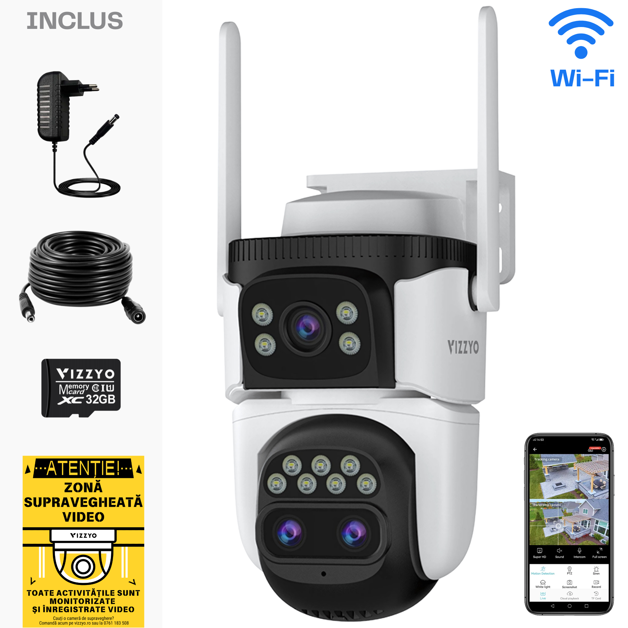 Cameră Supraveghere Dublă WiFi Vizzyo Dual Defender Pro, 12MP, Zoom Optic Până la 200 metri, Viziune Nocturnă Color, 3 lentile, 6K, Detecție Mișcare & Urmărire Automată, Audio Bidirecțional, HDR, ISP, IP66, SD 256GB
