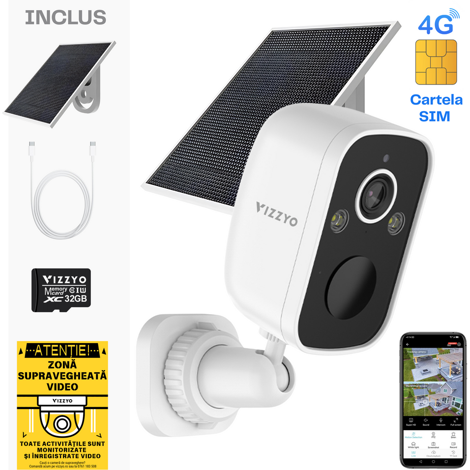 Cameră Supraveghere Solară 4G cu Cartelă SIM Vizzyo Edge Guardian, 5MP, Panou Solar, Unghi 144°, Viziune Nocturnă Color & IR 30m,Detecție Mișcare, Audio Bidirecțional, IP66, SD 256GB, Cloud Gratuit