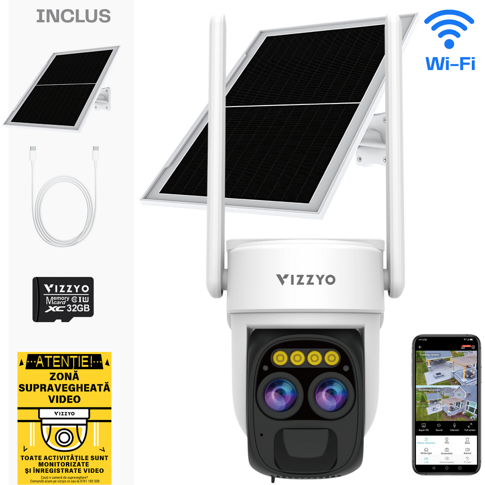 Cameră Supraveghere Solară WiFi Vizzyo Evo Pro, 5MP, Panou Solar 10W, Dual Lens 4mm+12mm, Zoom Optic 10X, Viziune Nocturnă Color & IR, AI Detecție Mișcare & Urmărire Automată, Audio Bidirecțional, IP66, SD 256GB, Cloud Gratuit