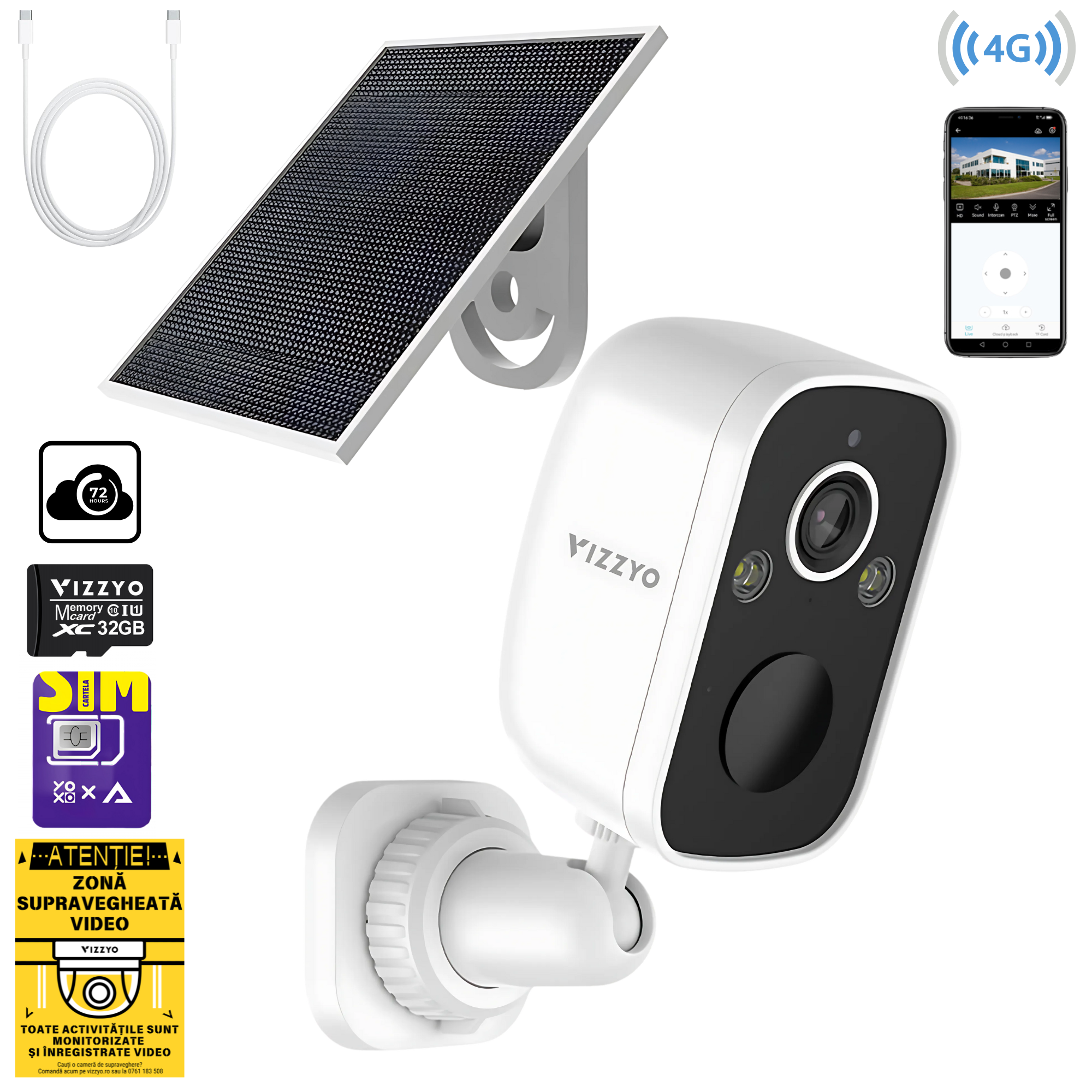 Cameră Supraveghere Solară 4G cu Cartelă SIM Vizzyo Edge Guardian, 5MP, Panou Solar, Unghi 144°, Viziune Nocturnă Color & IR 30m,Detecție Mișcare, Audio Bidirecțional, IP66, SD 256GB, Cloud Gratuit
