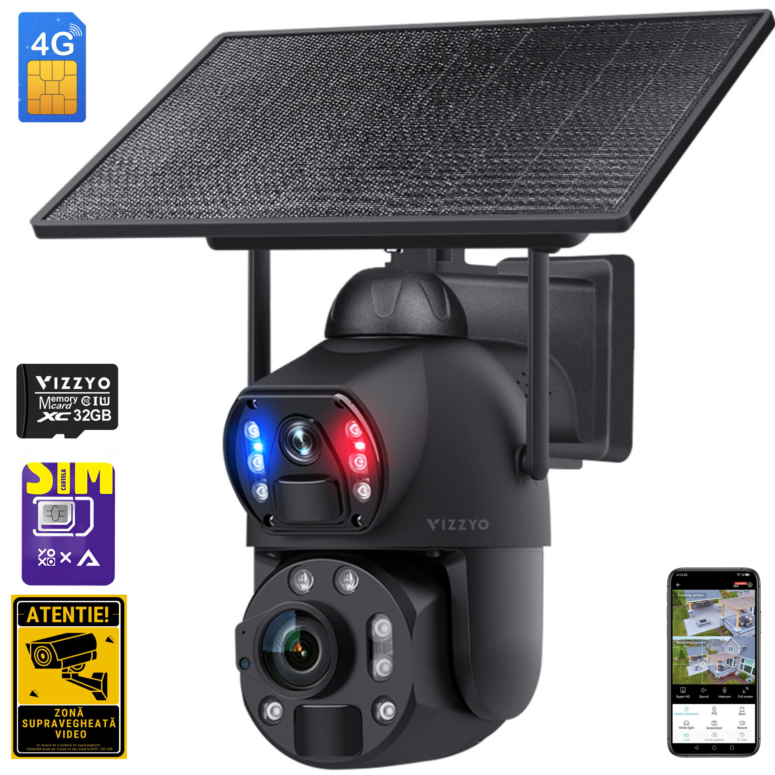 Cameră Supraveghere 4G Solară cu Cartelă SIM Vizzyo Hawk,  Zoom Optic 36X Pâna la 500M, 8MP, Panou Solar 10W, Baterie 20000mAh, IR 100M, Mod Noapte Color & IR, Detecție Mișcare + Smart Tracking, Audio Bidirecțional, Aplicația UBox, IP67, SD 128GB