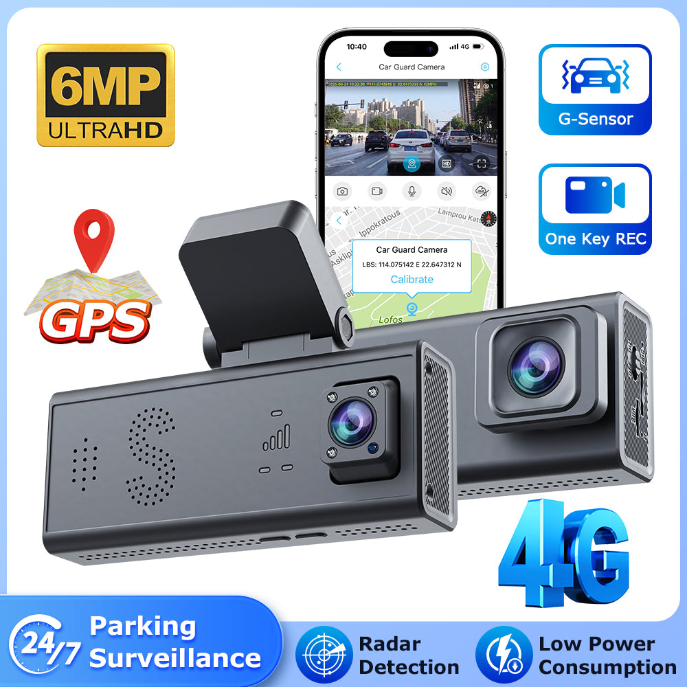 Cameră Auto 4G LTE cu Cartelă SIM Vizzyo Car Guard, 6MP, 2 Camere (Față + Interior), Parking Mode 24/7, Dual Radar, G-Sensor Emergency Lock, GPS, Night Vision Color, Aplicație UBox Pro, Alimentare OBD, WDR, ISP, SD 128GB