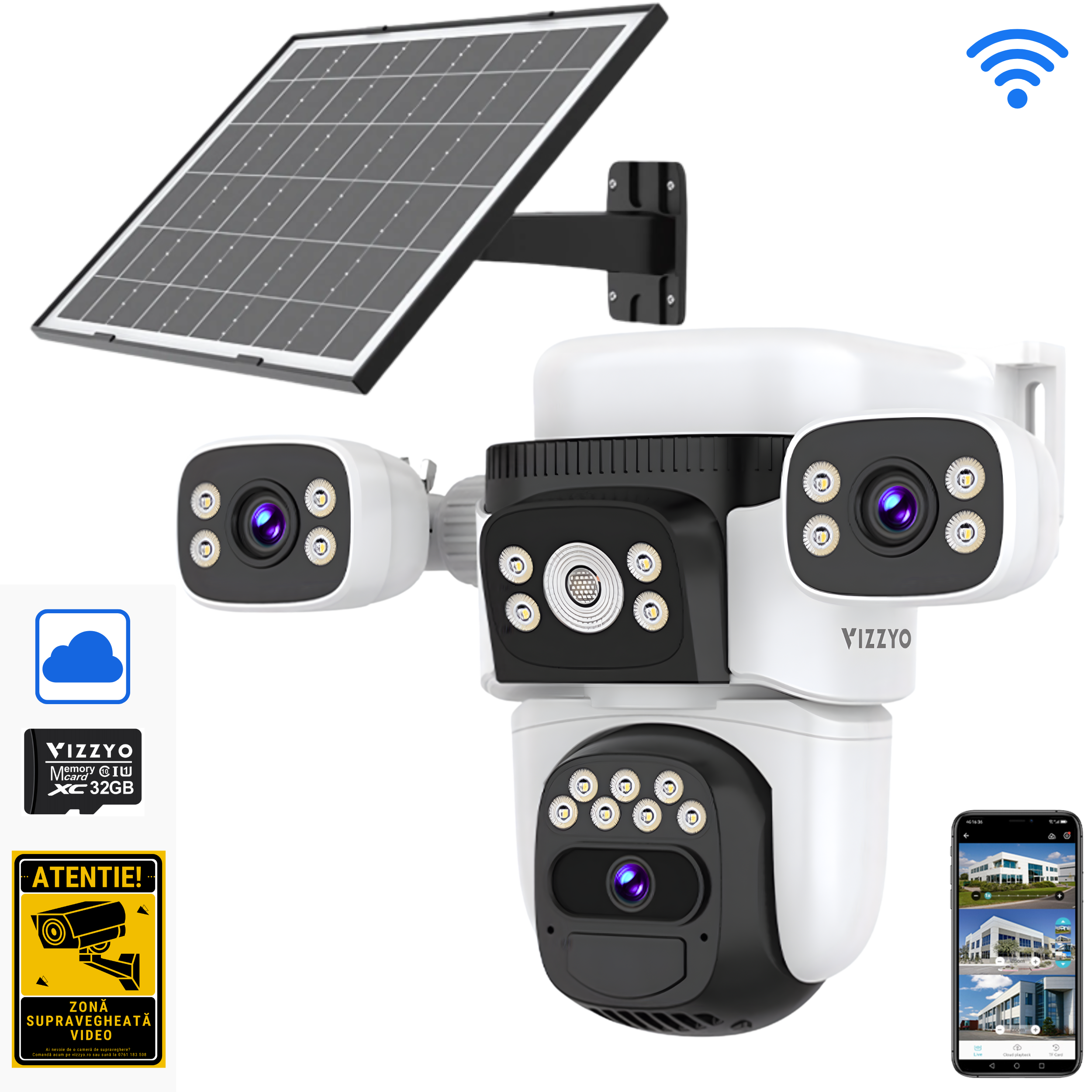 Cameră Supraveghere Solară WIFI Vizzyo Ultra Defender WS1, Panou Solar 8W, Baterie Integrată, 12MP, 3 Lentile, Mod Noapte Color + IR, Detecție Mișcare & Urmărire Automată, Audio Bidirecțional, Aplicație O-Kam Pro, WIFI 6 Pro, IP66, Cloud Gratuit, SD 256GB