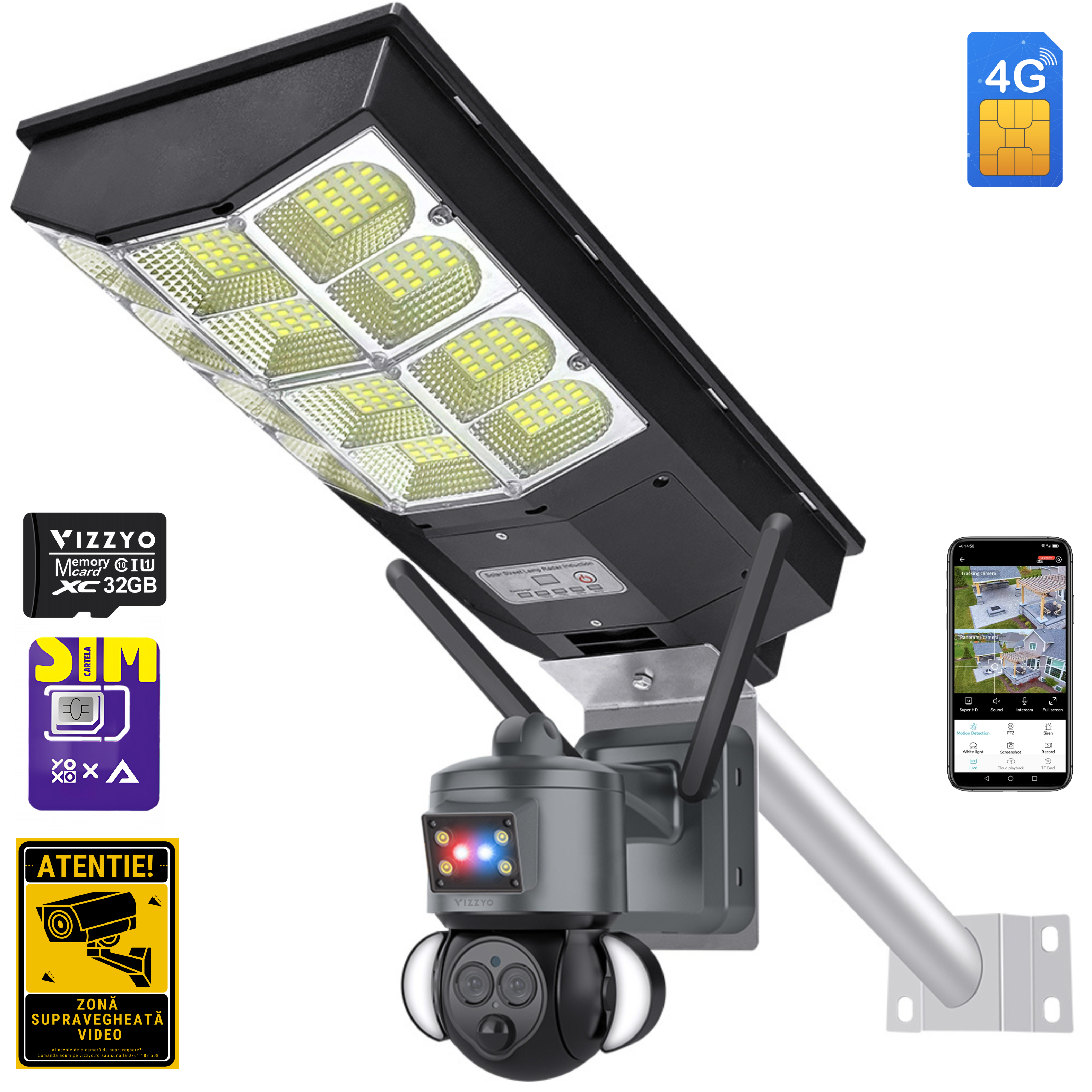 Cameră Supraveghere 4G Solară cu Lampă LED Integrată Vizzyo Light Guard, 6MP, Zoom Optic 12X, Panouri Solare 21W, Baterii 22000mAh, Senzor PIR, Noapte Color & IR, Detecție PIR & Urmărire Om, Audio Bidirecțional, Aplicație UBox, IP66, H.265, SD 128GB
