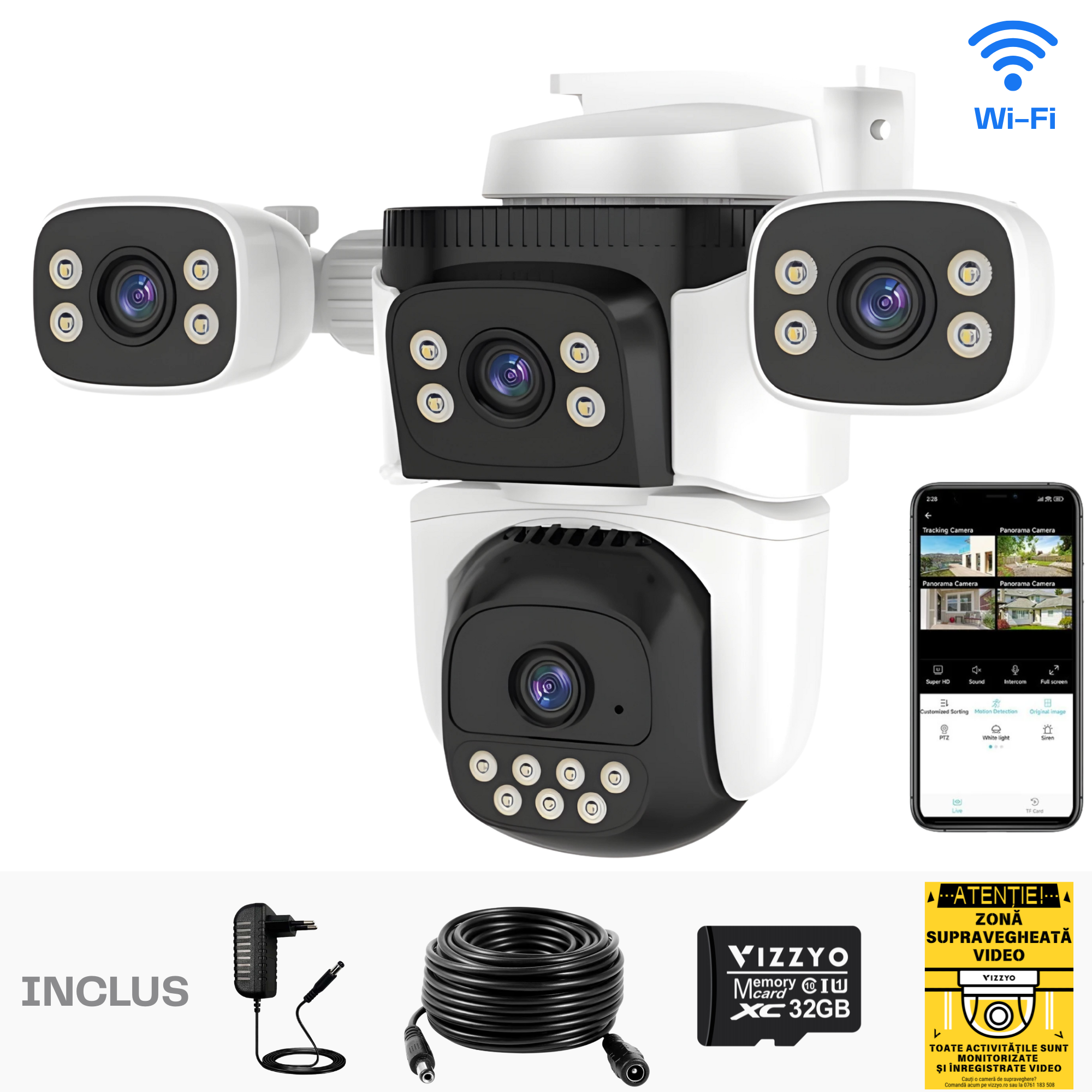 Cameră Supraveghere WiFi Vizzyo Ultra Defender Max, 16MP, 4 Camere În 1, Viziune Nocturnă Color, Acoperire Panoramică 360°, Detecție Mișcare & Urmărire Automată, Audio Bidirecțional, Control din aplicatie, ISP, IP66, WDR, SD 256GB