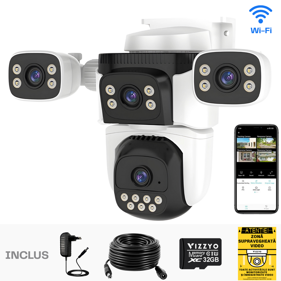 Cameră Supraveghere WiFi Vizzyo Ultra Defender Max, 16MP, 4 Camere În 1, Viziune Nocturnă Color, Acoperire Panoramică 360°, Detecție Mișcare & Urmărire Automată, Audio Bidirecțional, Control din aplicatie, ISP, IP66, WDR, SD 256GB