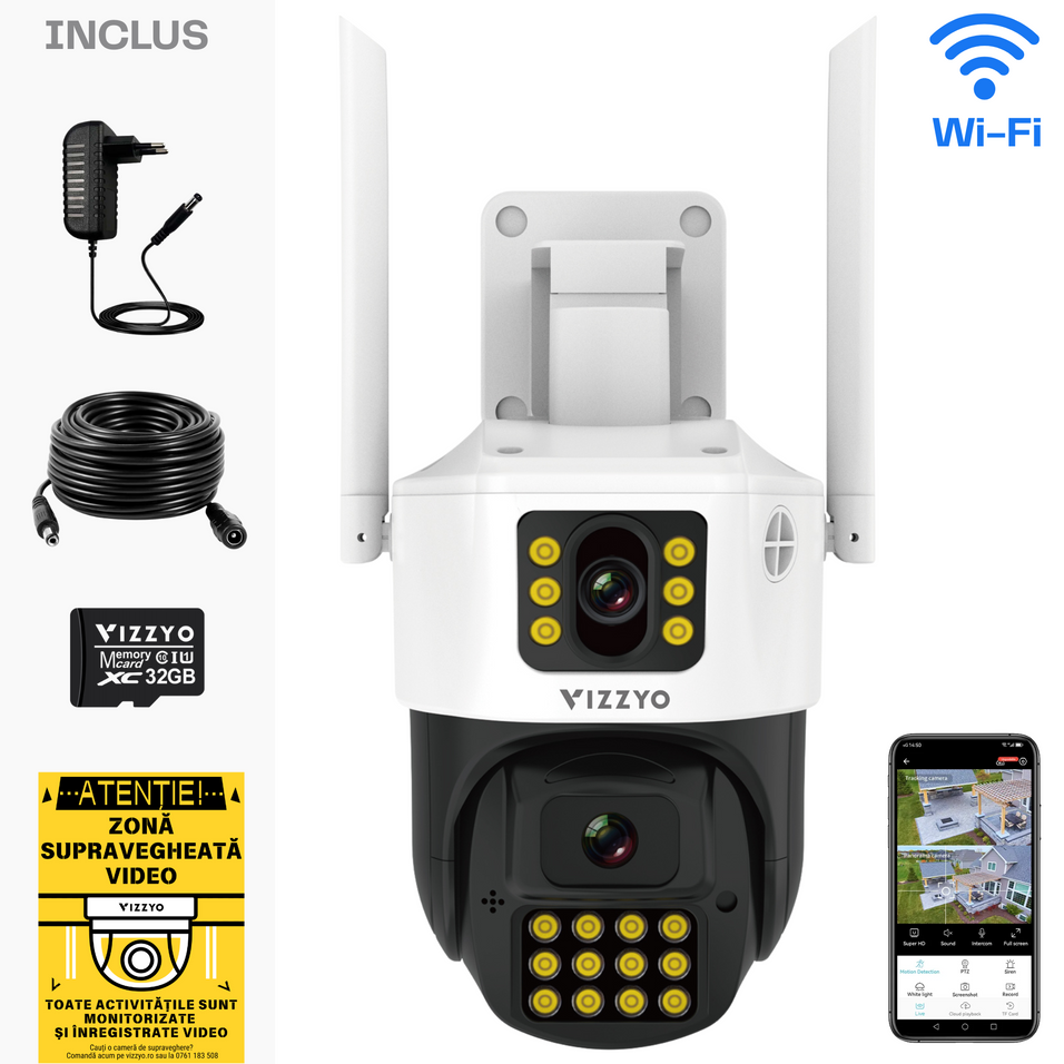 Cameră Supraveghere Dublă WiFi Vizzyo Dual Ranger, 8M, Lentile 4mm & 6mm, Viziune Nocturnă Color, AI Detecție Mișcare & Urmărire Automată, Audio Bidirecțional, Antene 5dBi, HDR, ISP, IP66, SD 256GB