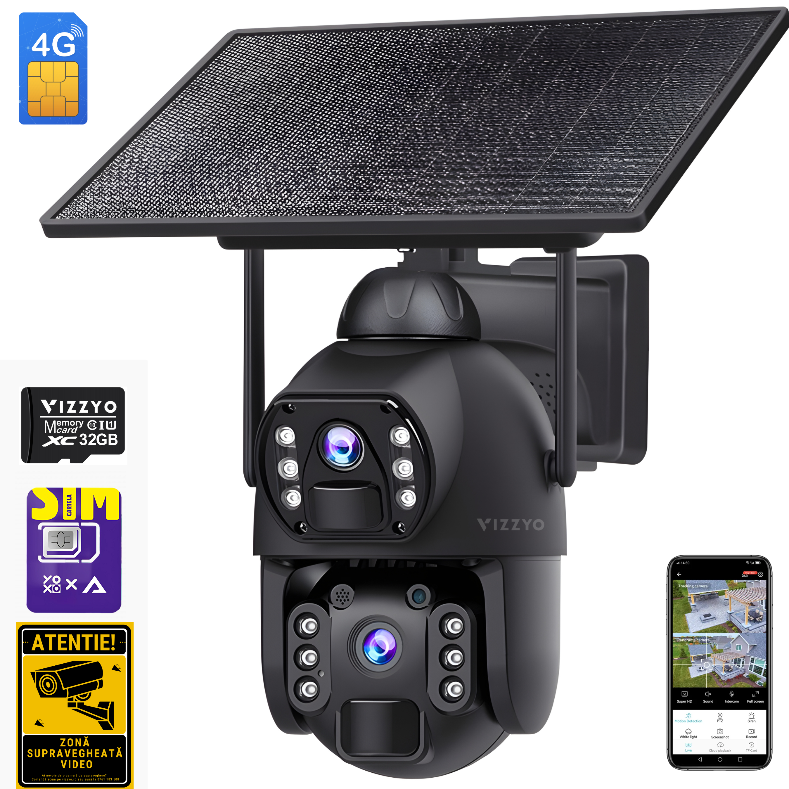 Cameră Supraveghere 4G Solară cu Cartelă SIM Vizzyo S21 Sentinel, 8MP, AOV 24/7, Panou Solar 10W, Baterie 20100mAh, 2 x Senzori PIR, Mod Noapte Color & IR, Detecție Mișcare + Smart Tracking, Audio Bidirecțional, Aplicația UBox Pro, IP67, SD 128GB