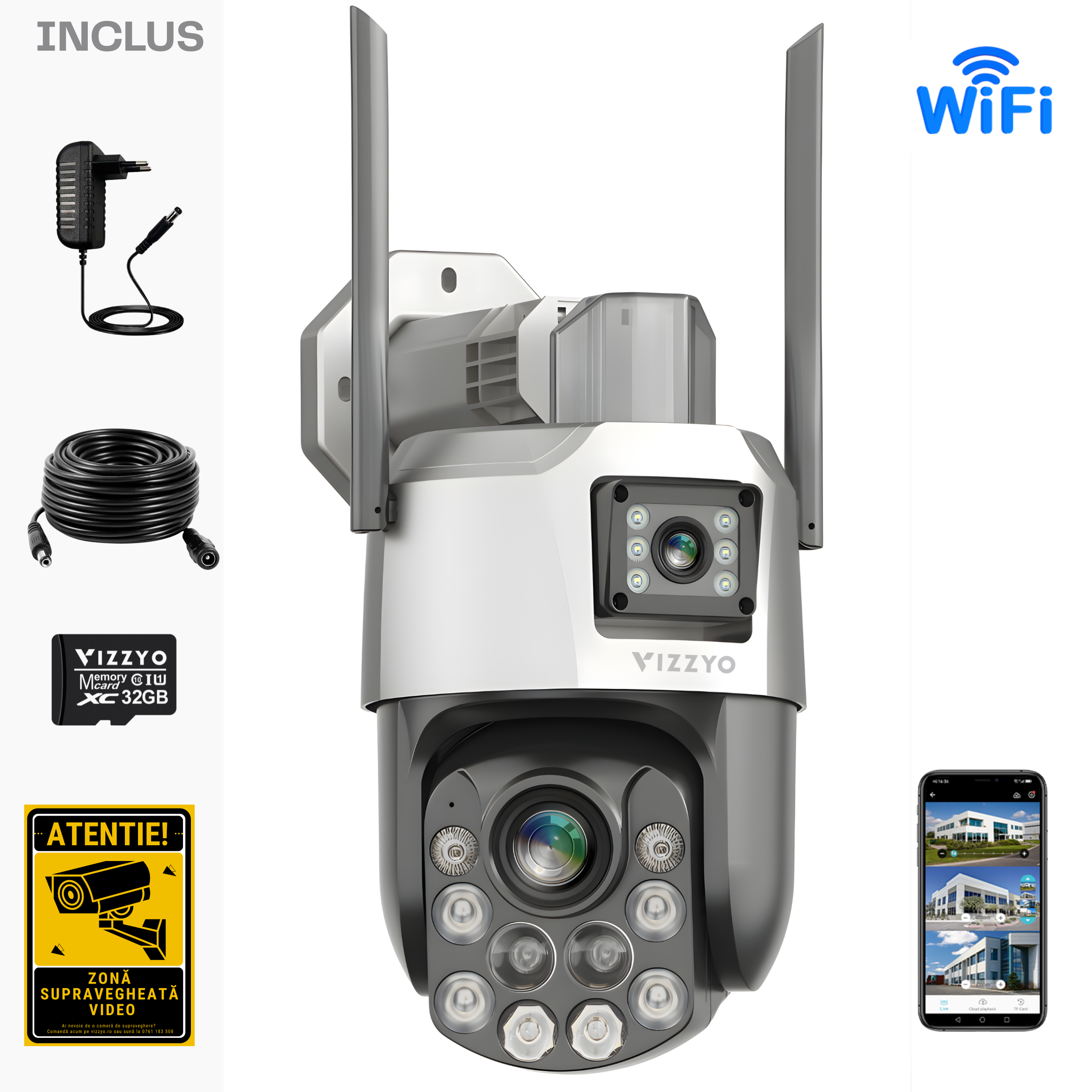 Cameră Supraveghere Dublă WiFi Vizzyo Shield Pro, 8MP, 2 Camere În 1, Zoom Optic 24X până la 300M, Sirenă Integrata, Mod Noapte Color & IR 120M, Detecție Persoane + Urmărire Automată, Audio Bidirecțional, Aplicație iCsee, IP66, SD 128GB